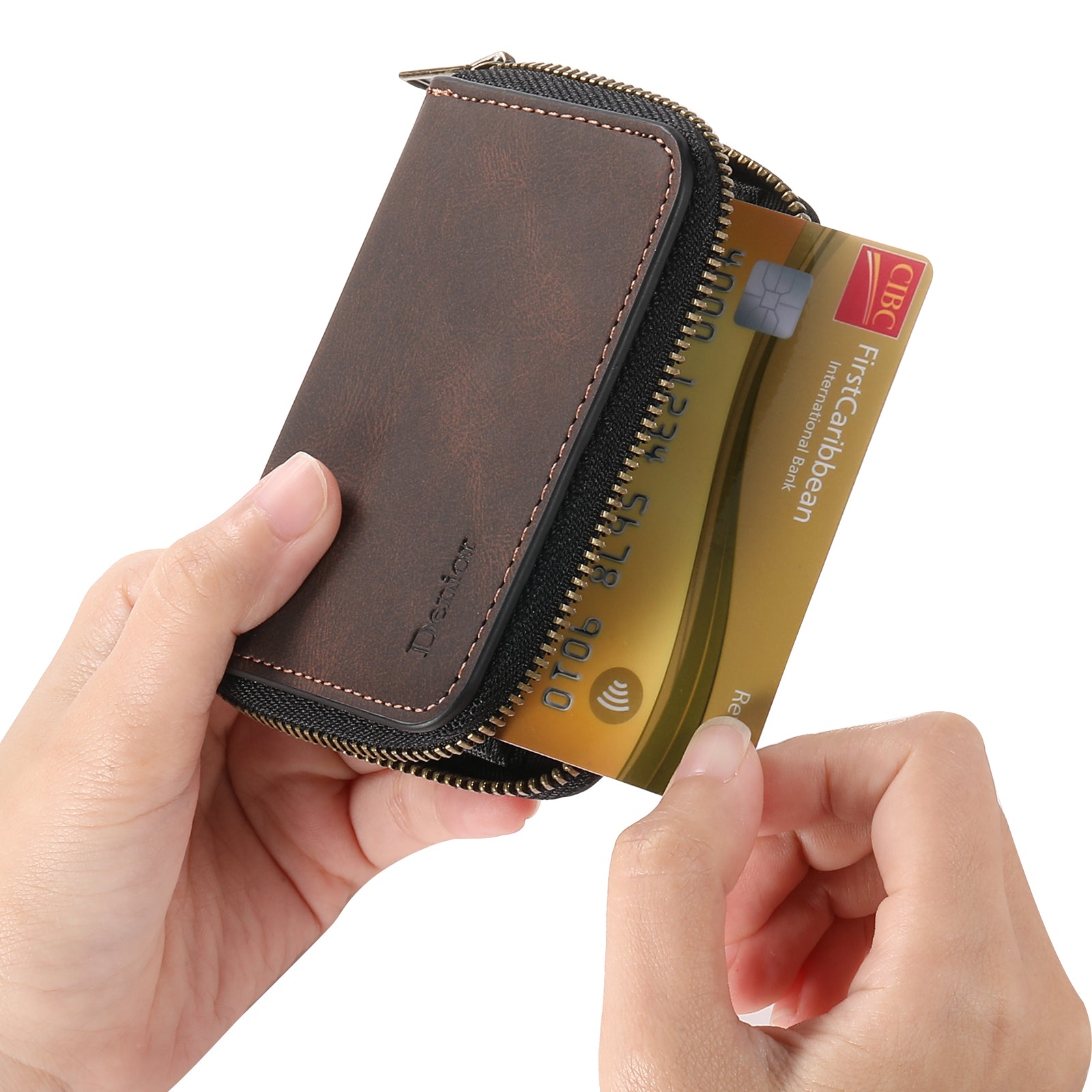 RFID Magnetic Zipper Wallet Credit Card Bag (Brown)