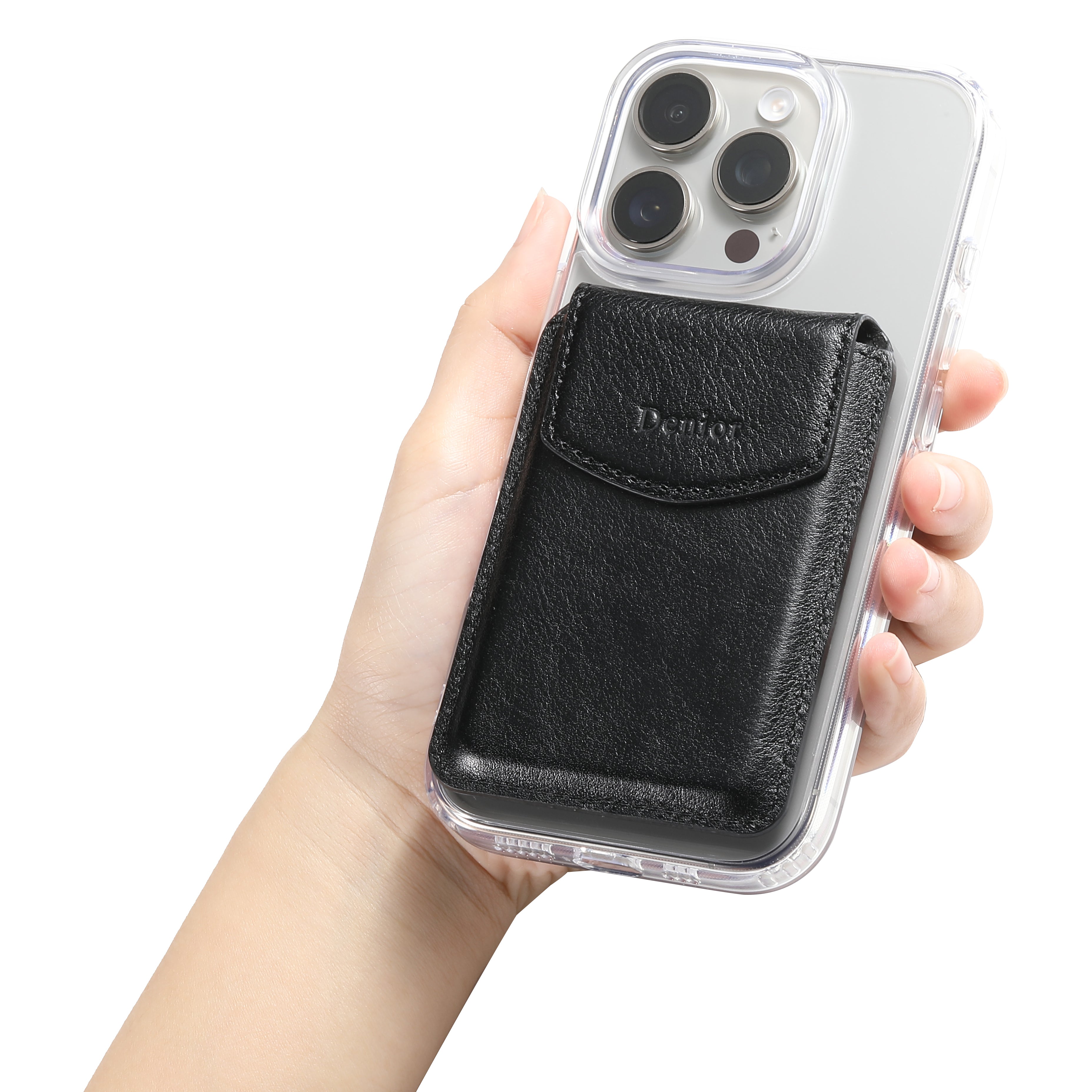 Magnetic Genuine Leather Bracket Credit Card Bag(Black)