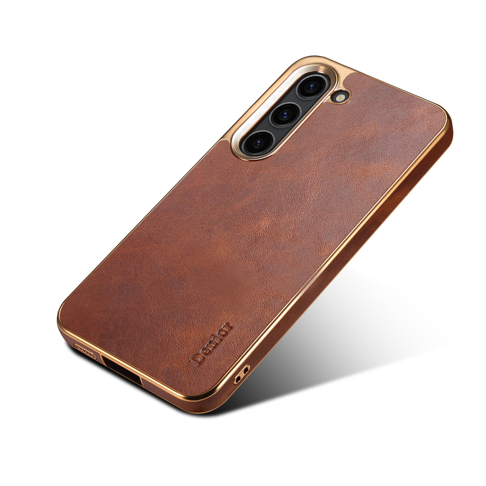 Samsung Top Layer Cowhide Electroplated Border Anti Drop Genuine Leather Phone Case(Brown)