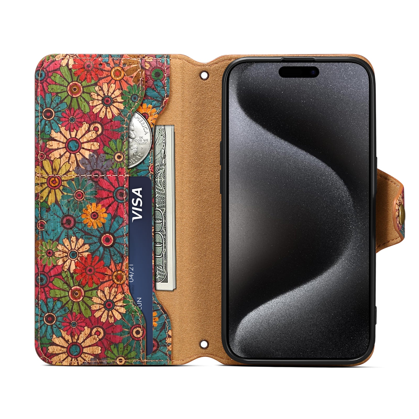 iPhone Flower Language Cork Flip Wallet Stand Leather Phone Case (Green)