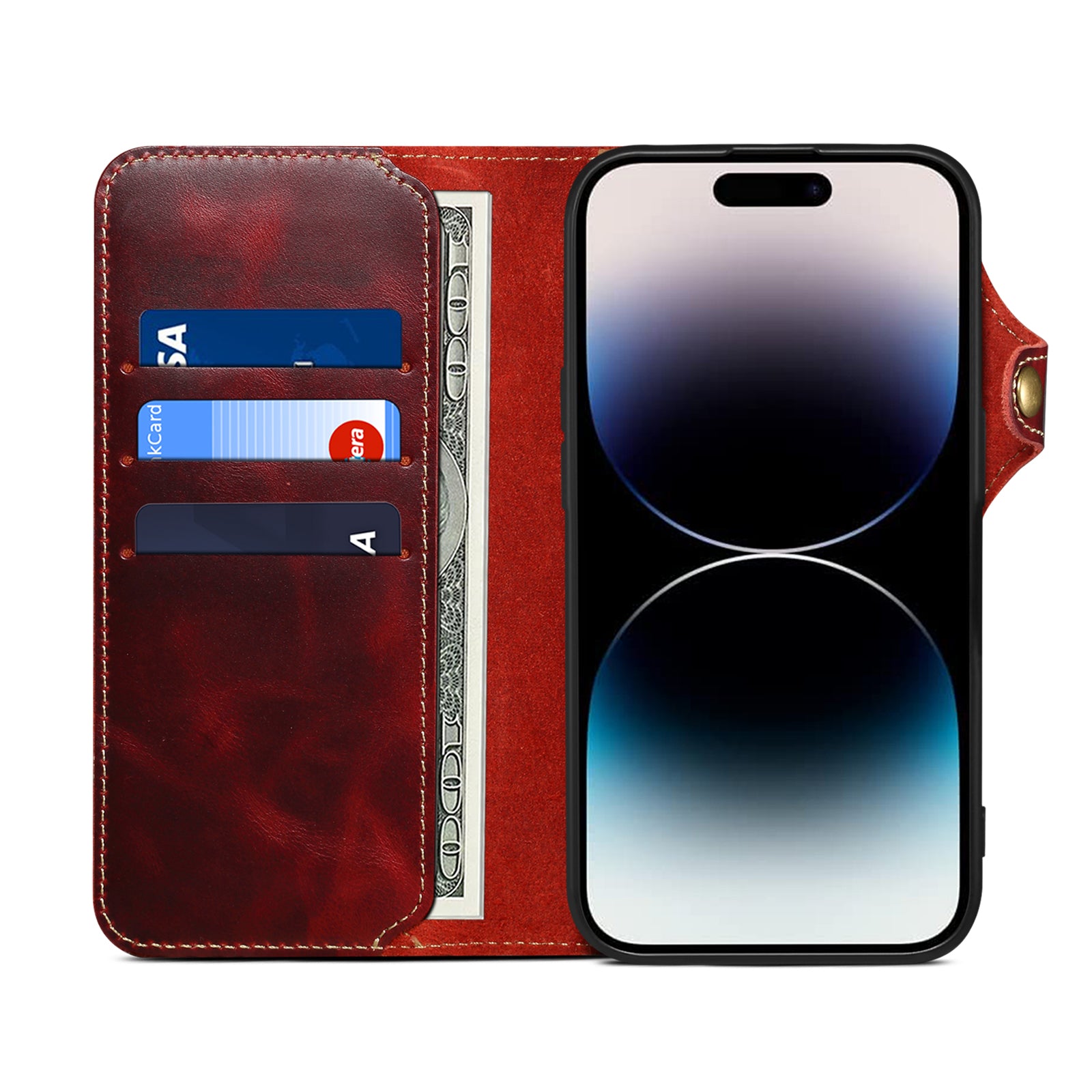 iPhone 16-12 Series Genuine Leathe Multi Functional Card Insertion Flip Wallet Holder Phone Caseļ¼Redļ¼