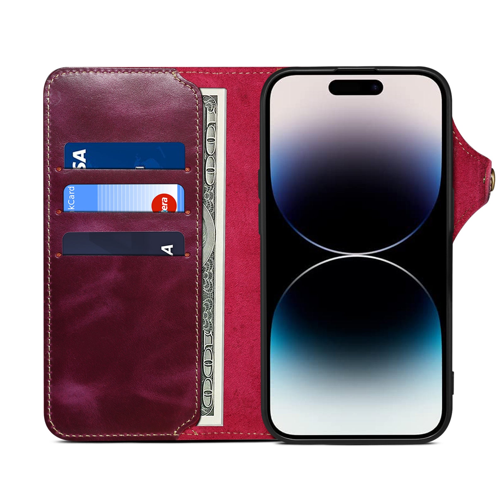 iPhone 16-12 Series Genuine Leathe Multi Functional Card Insertion Flip Wallet Holder Phone Caseļ¼Purpleļ¼