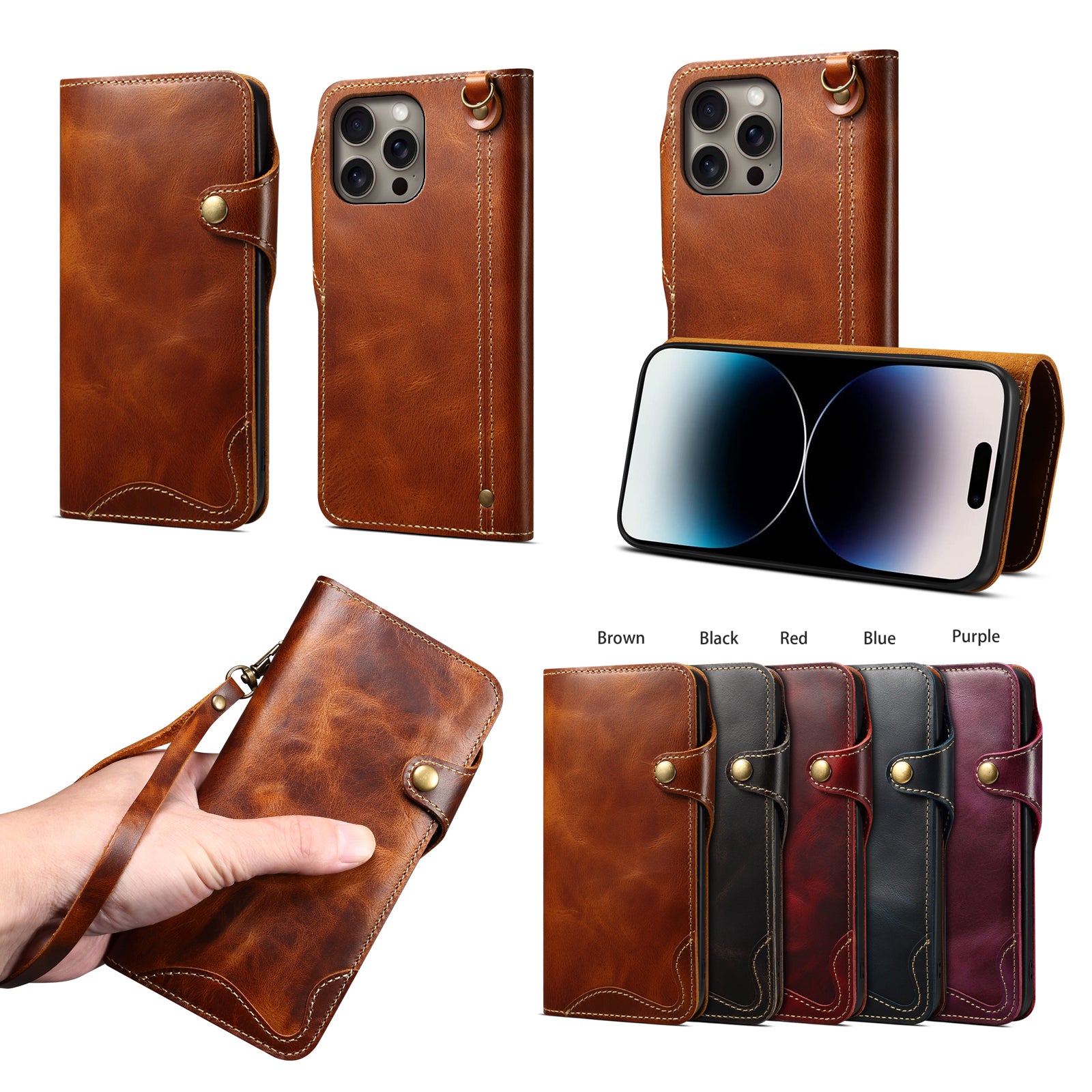 iPhone 16-12 Series Genuine Leathe Multi Functional Card Insertion Flip Wallet Holder Phone Caseļ¼Redļ¼