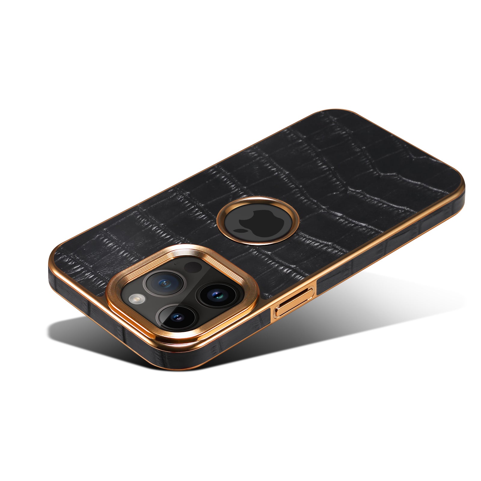 iPhone 15/14/13/12 Series Top Layer Alligator Pattern Cowhide Electroplated Border Anti Drop Genuine Leather Phone Caseļ¼Blackļ¼