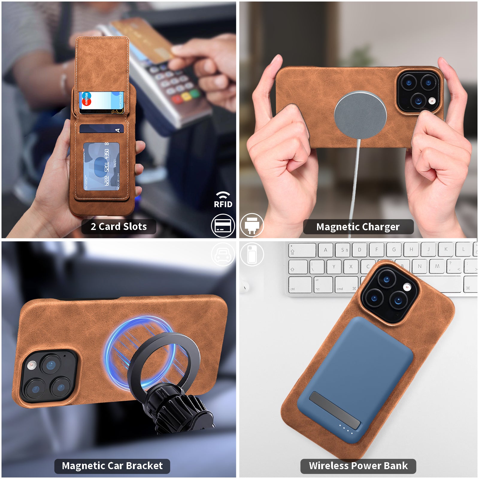 iPhone Series 2IN1 Magnetic Case & RFID Card Bag(Brown)