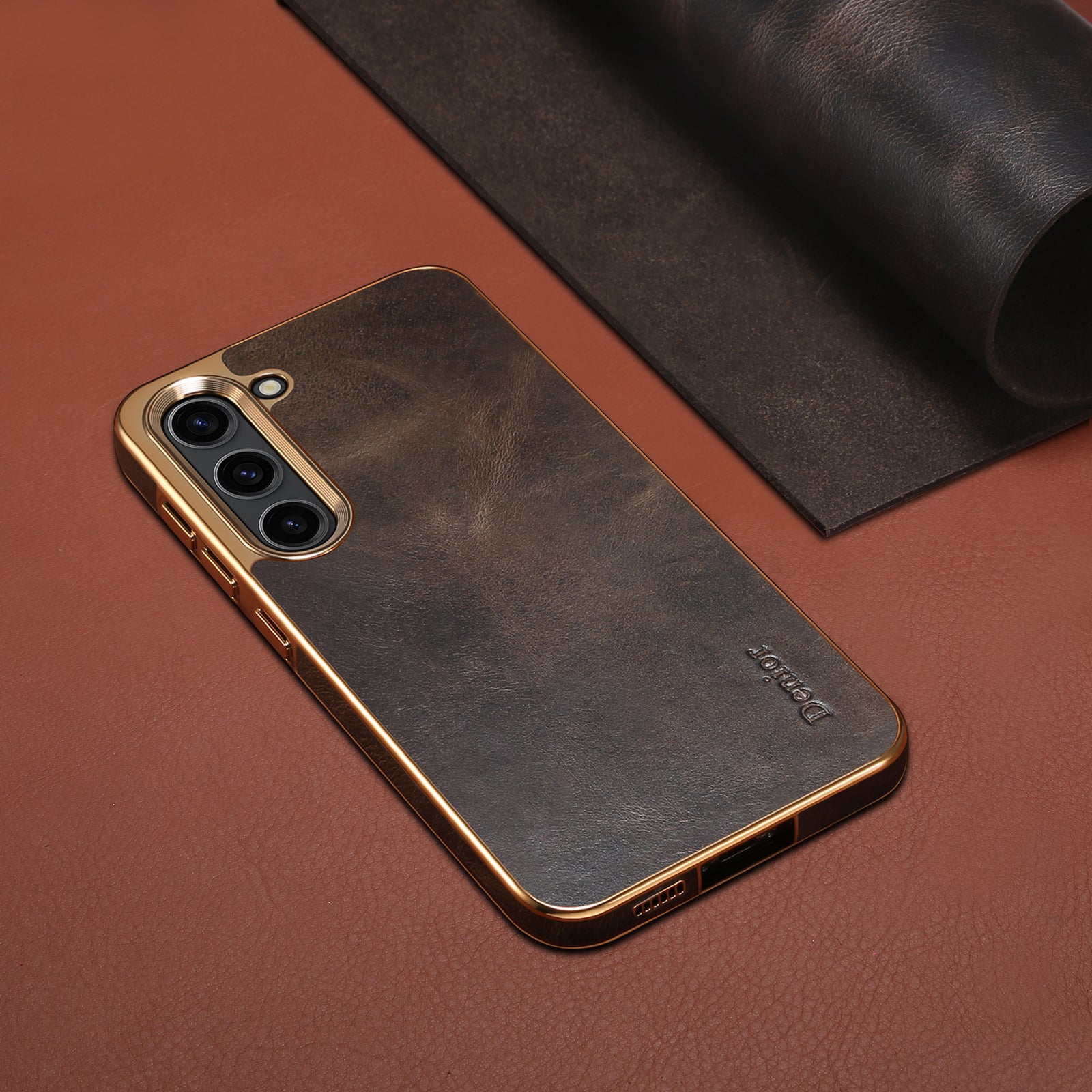 Samsung Top Layer Cowhide Electroplated Border Anti Drop Genuine Leather Phone Case(Black)
