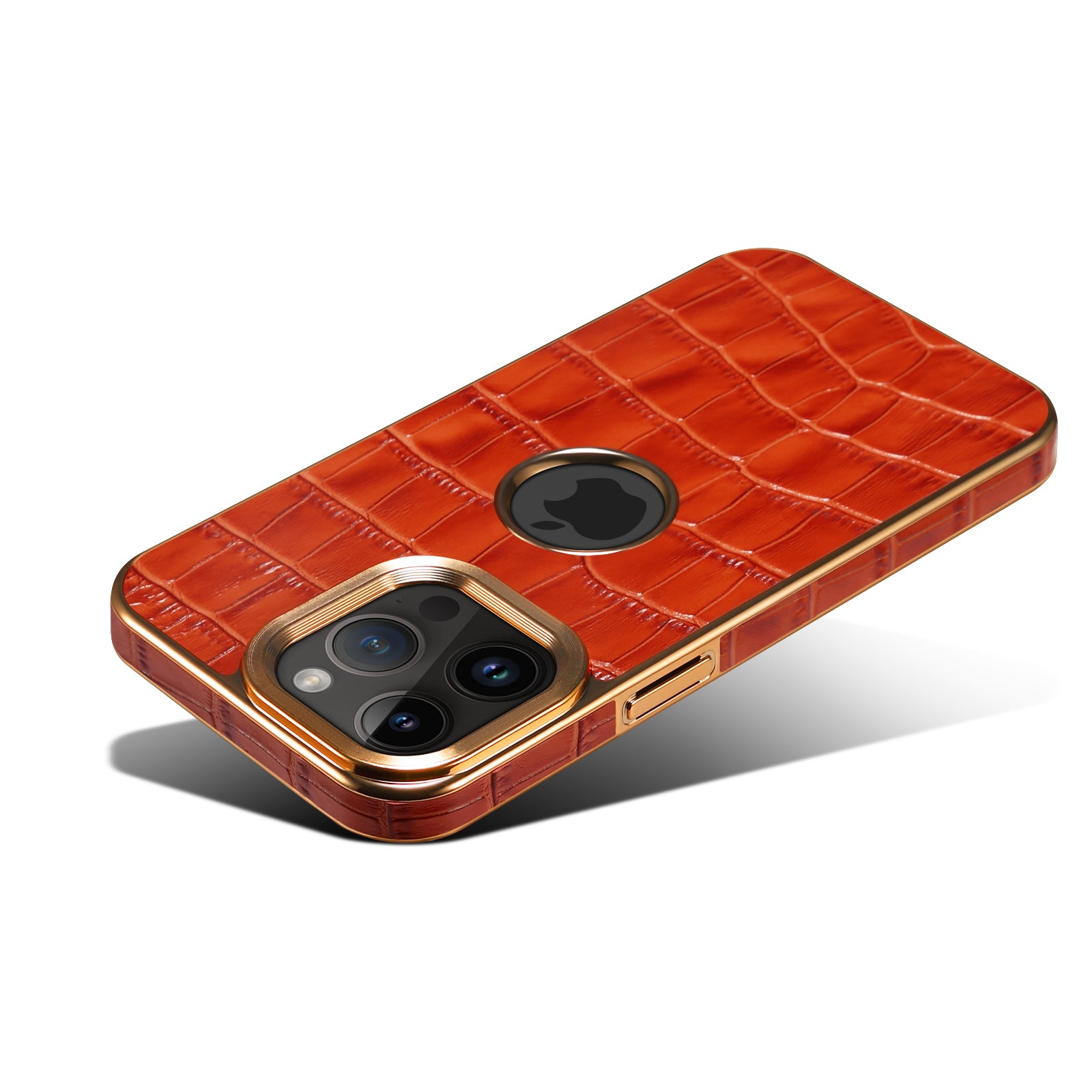 iPhone 15/14/13/12 Series Top Layer Alligator Pattern Cowhide Electroplated Border Anti Drop Genuine Leather Phone Case(Brown)