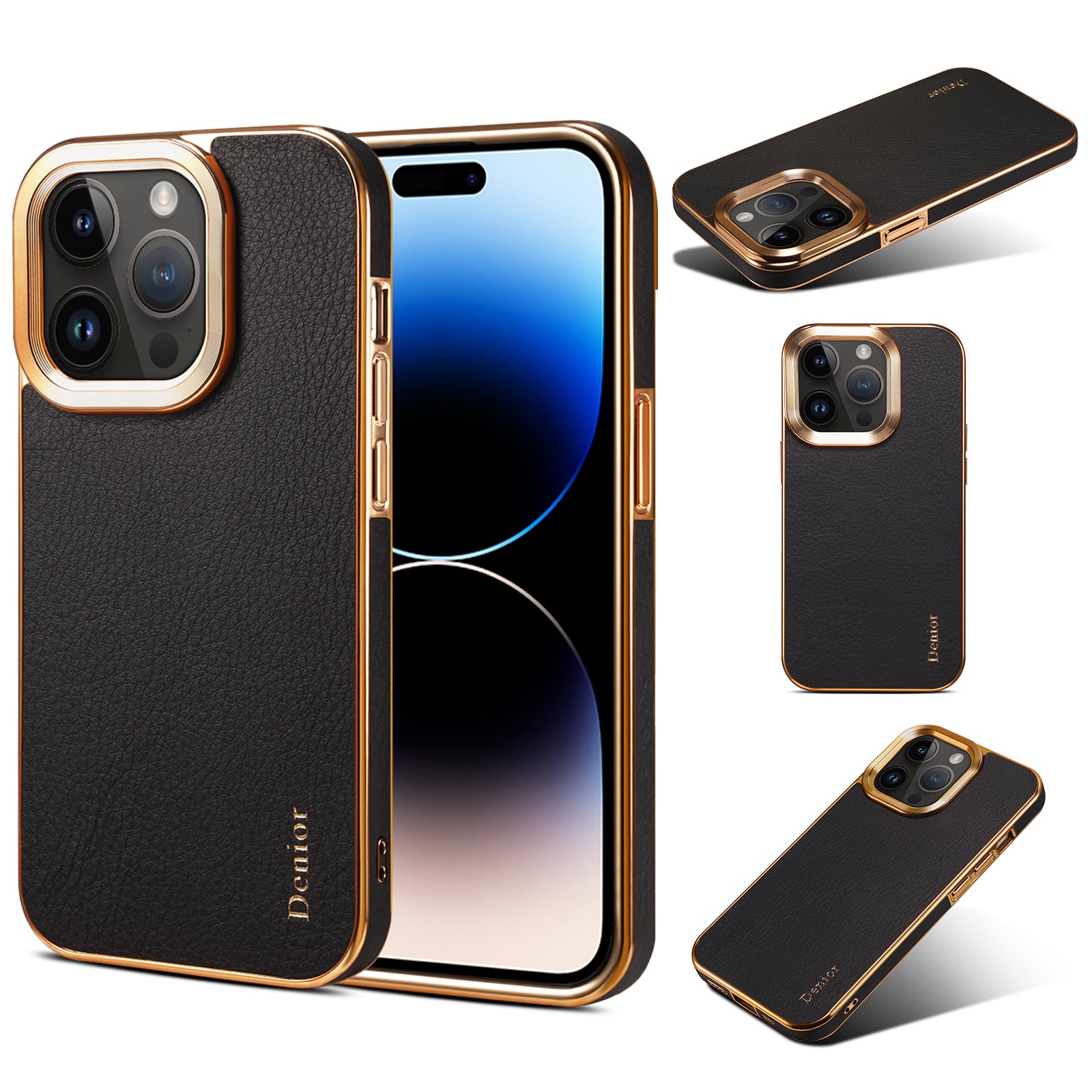 iPhone 15-12 Series Top Layer Cowhide Electroplated Border Anti Drop Genuine Leather Phone Caseļ¼Blackļ¼
