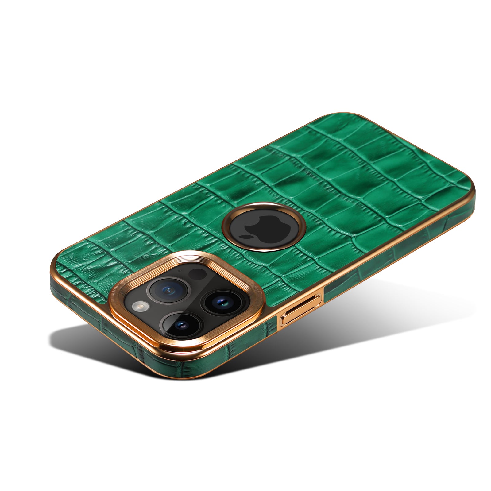 iPhone 15/14/13/12 Series Top Layer Alligator Pattern Cowhide Electroplated Border Anti Drop Genuine Leather Phone Case(Green)