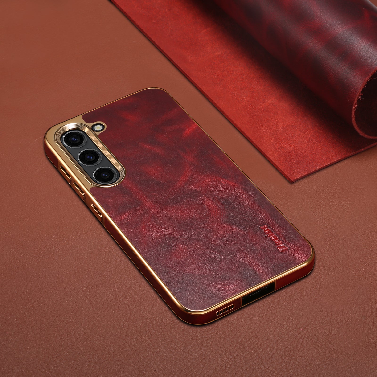 Samsung Top Layer Cowhide Electroplated Border Anti Drop Genuine Leather Phone Caseļ¼Redļ¼