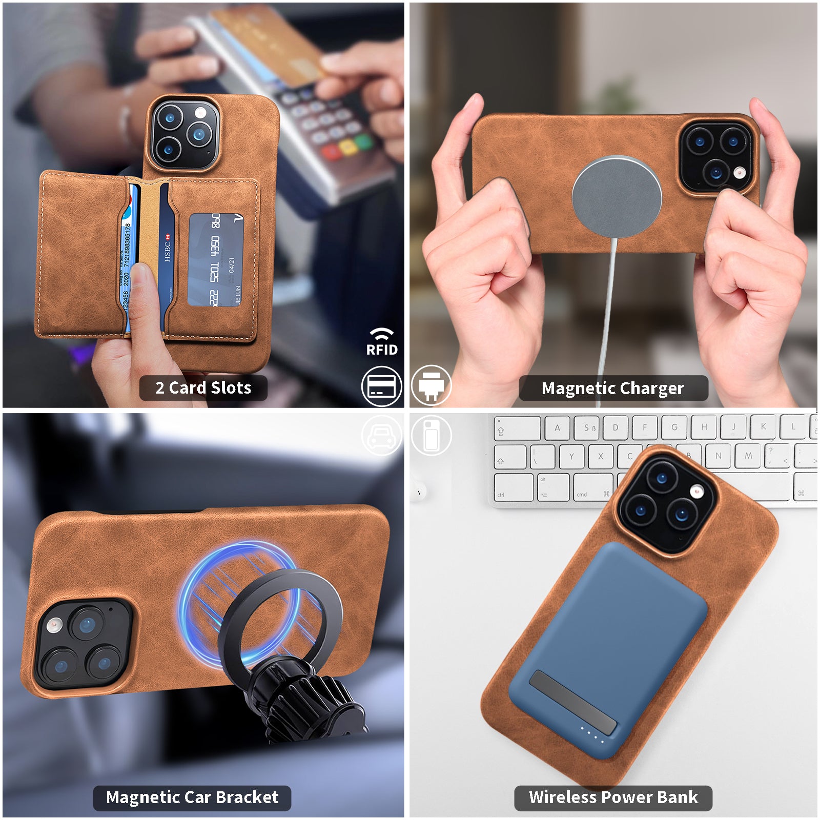 iPhone Series 2IN1 Magnetic Case & RFID Card Bag(Brown)