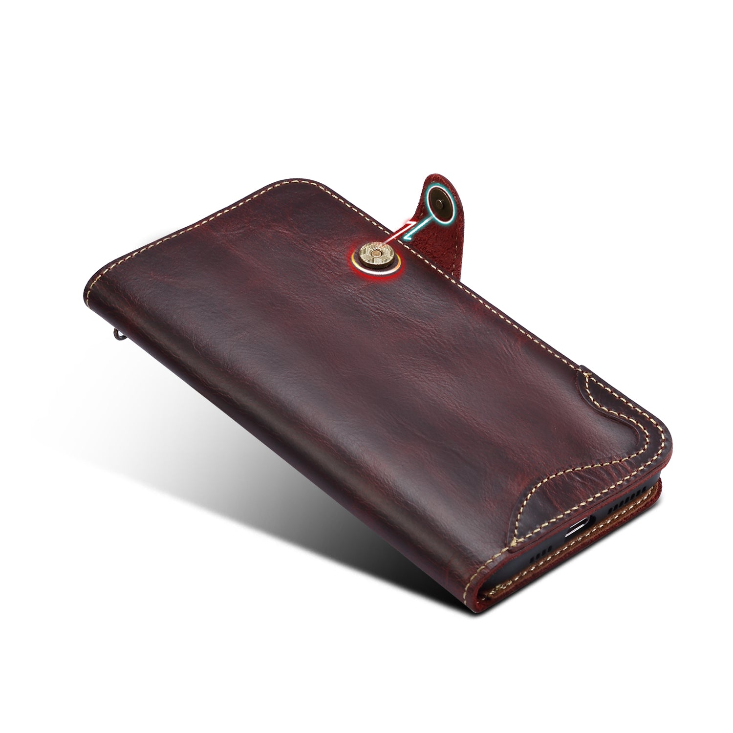 iPhone 13/12 Min/11/7/8 Plus/Xs Max Series Genuine Leathe Multi Functional Card Insertion Flip Wallet Holder Phone Caseļ¼Redļ¼