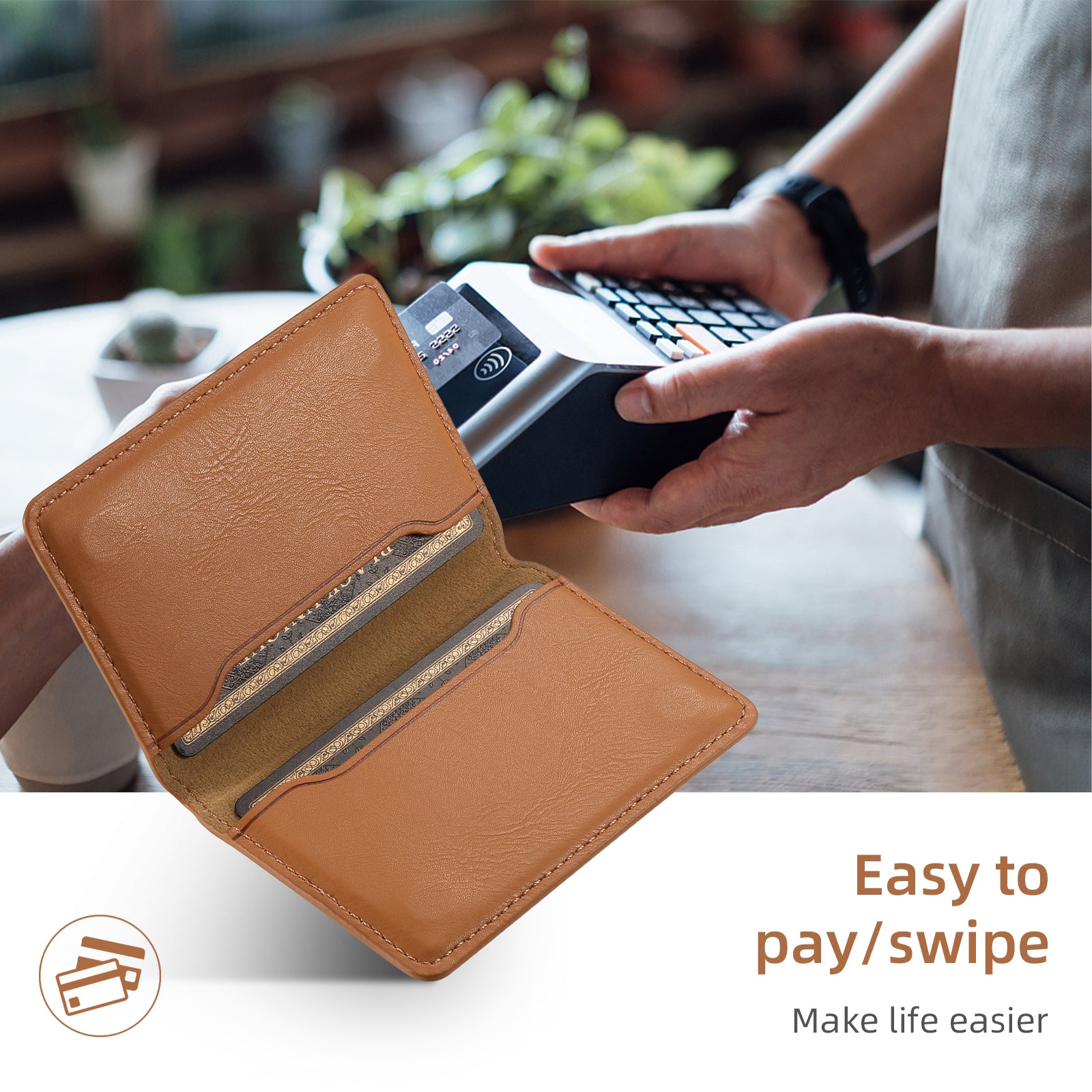 Magnetic Cowhide Pattern Credit Card Bag(Kahki)
