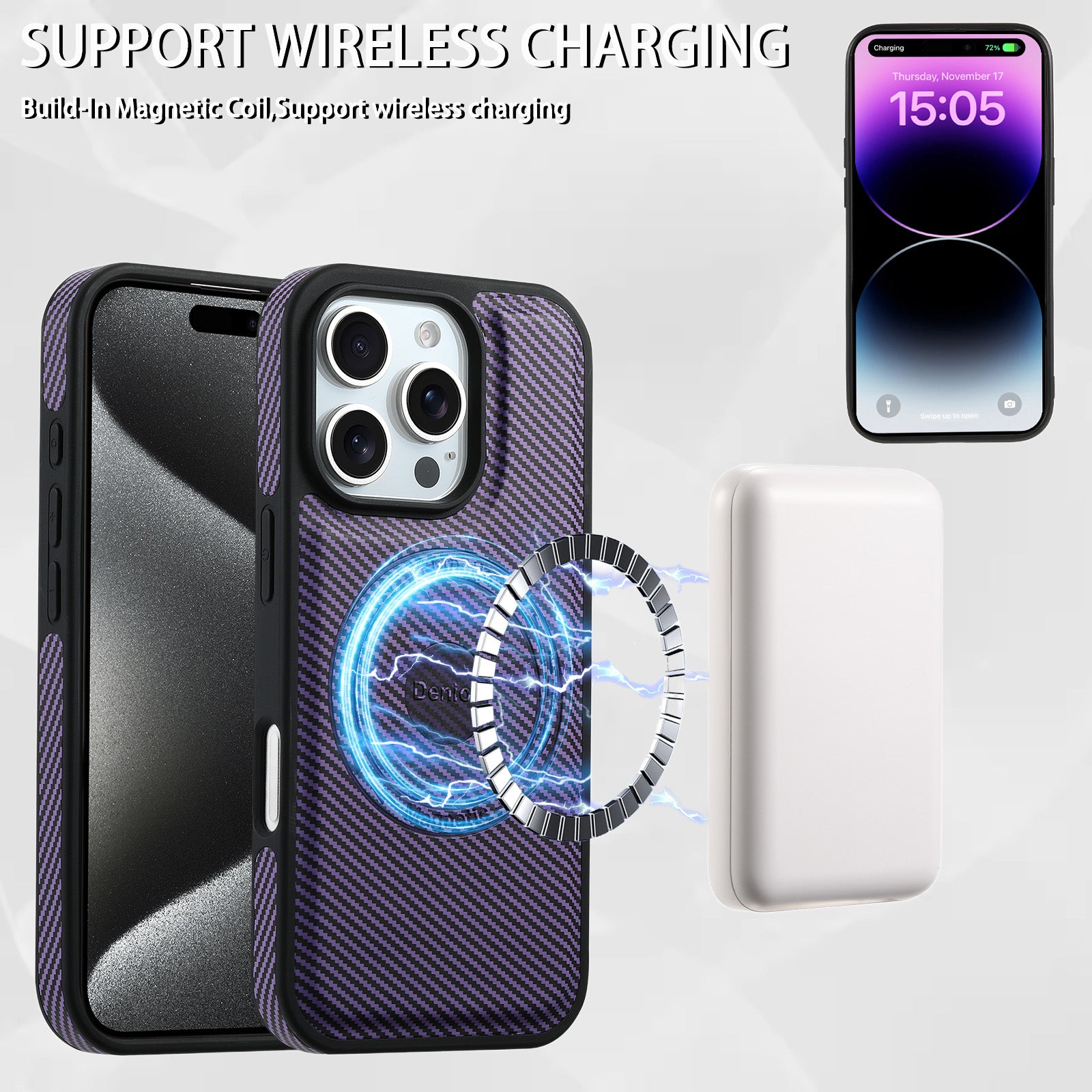 Charcoal fibre Magnetic Case & Card Bag(Purple)