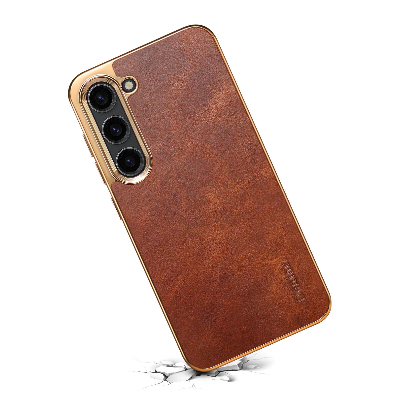 Samsung Top Layer Cowhide Electroplated Border Anti Drop Genuine Leather Phone Case(Brown)