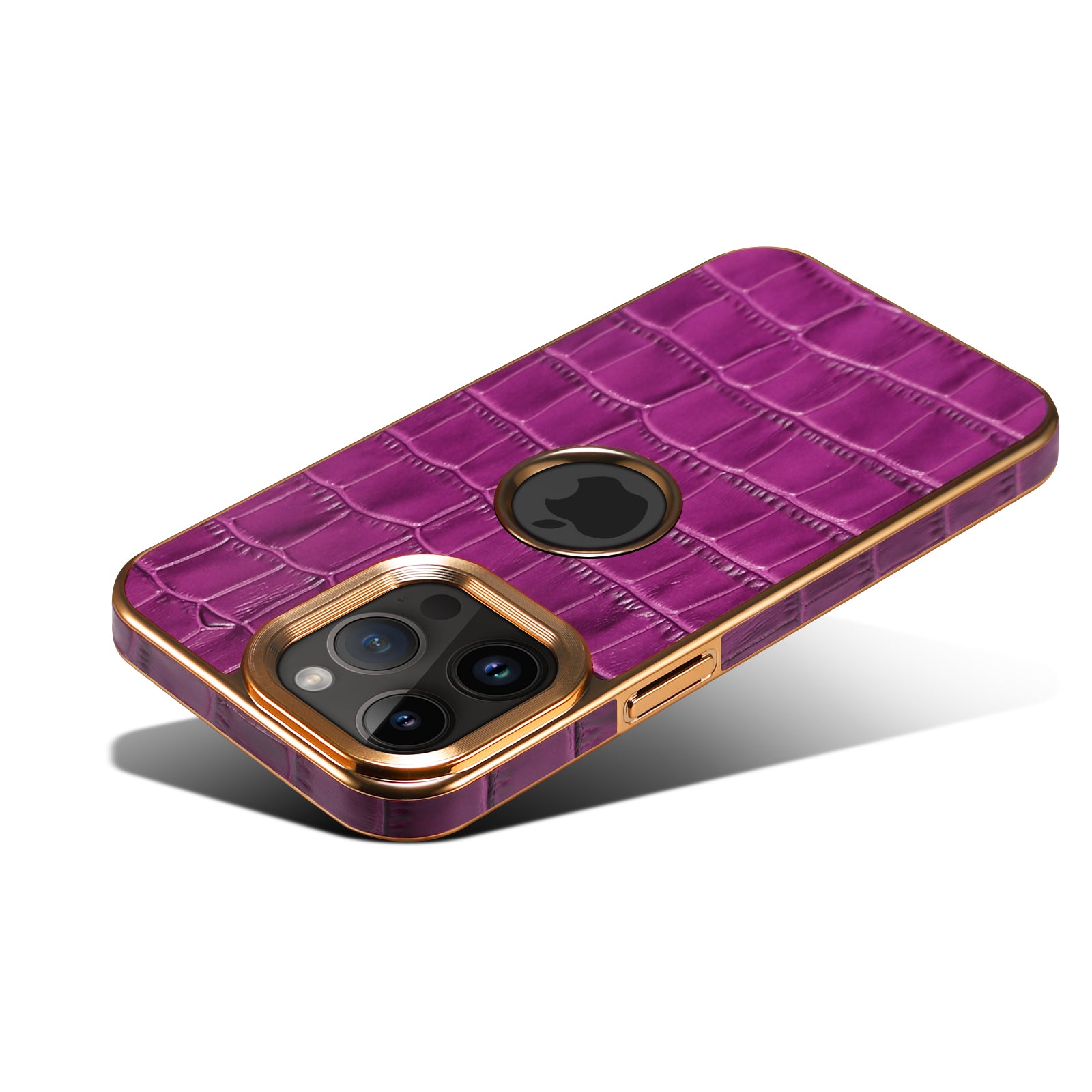 iPhone 15/14/13/12 Series Top Layer Alligator Pattern Cowhide Electroplated Border Anti Drop Genuine Leather Phone Caseļ¼Purpleļ¼