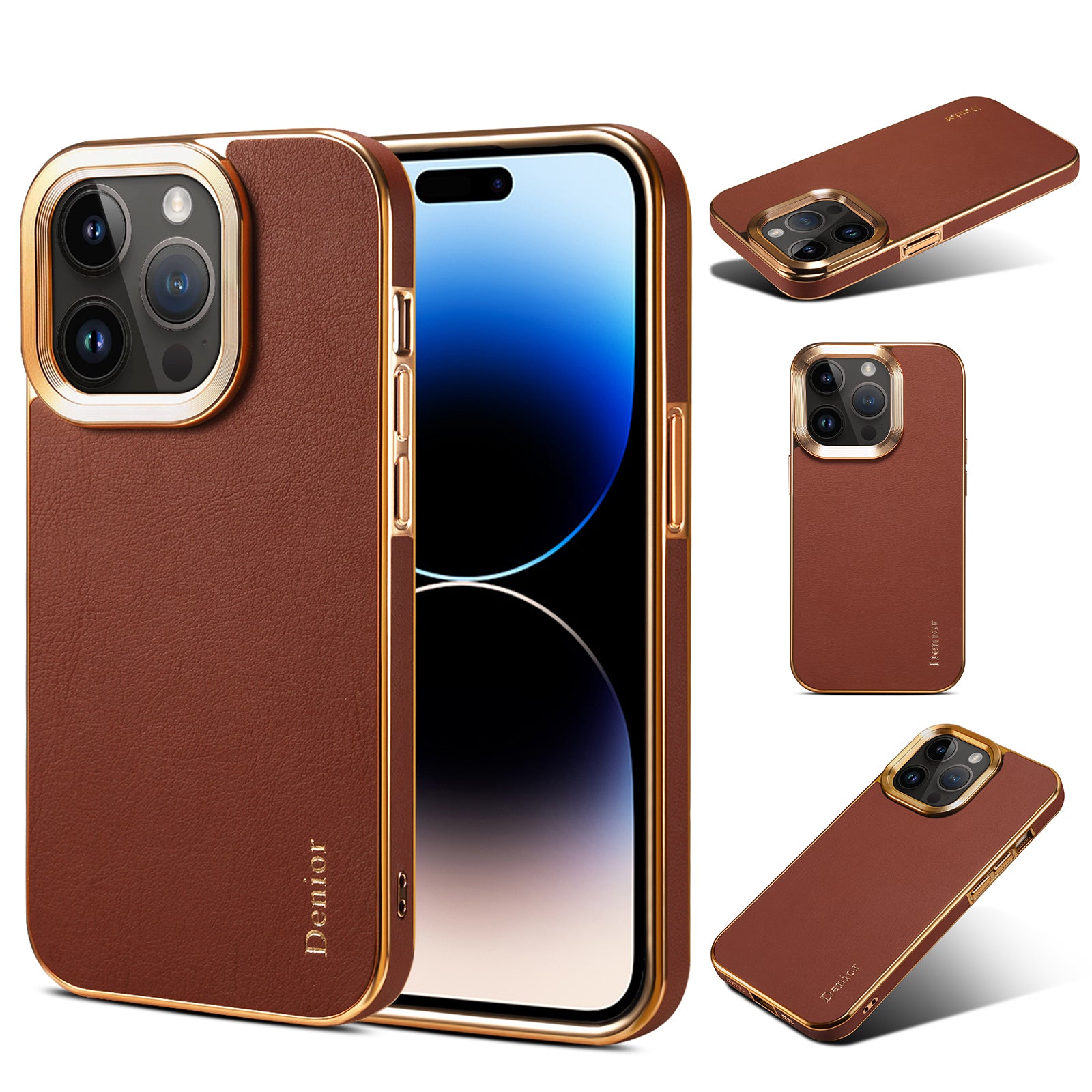iPhone 16 Series Top Layer Cowhide Electroplated Border Anti Drop Genuine Leather Phone Case(Brown)