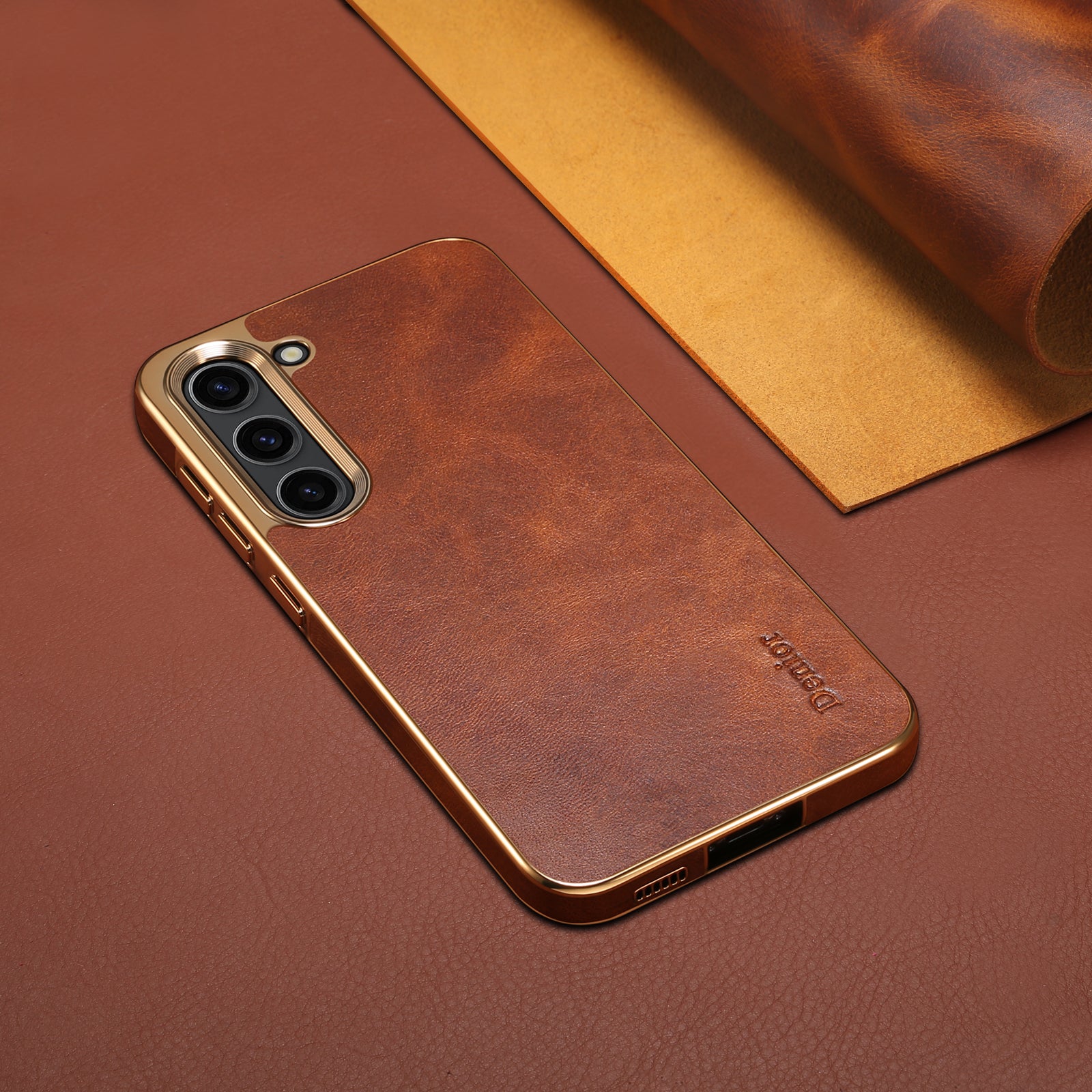 Samsung Top Layer Cowhide Electroplated Border Anti Drop Genuine Leather Phone Case(Brown)