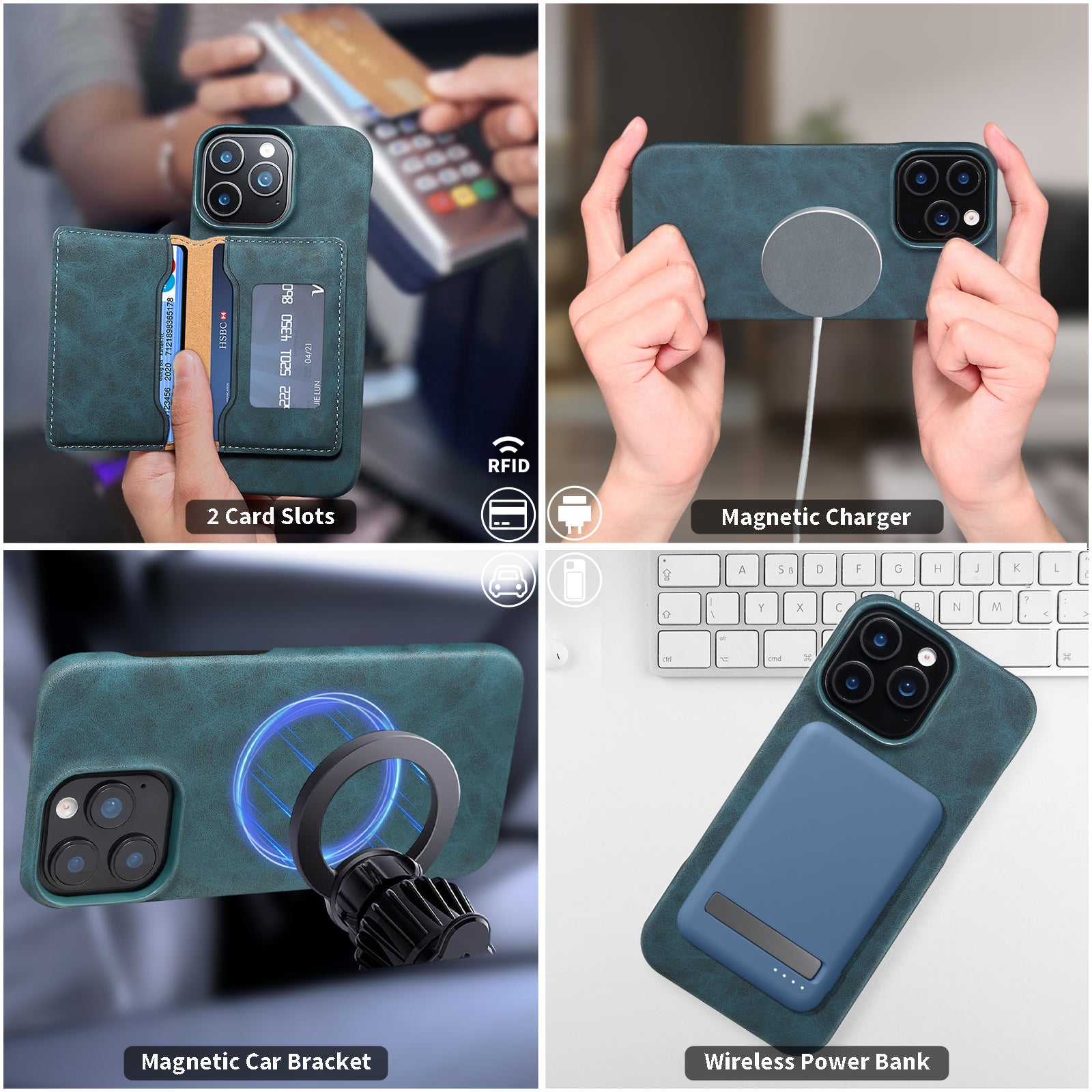 iPhone Series 2IN1 Magnetic Case & RFID Card Bag(Blue)