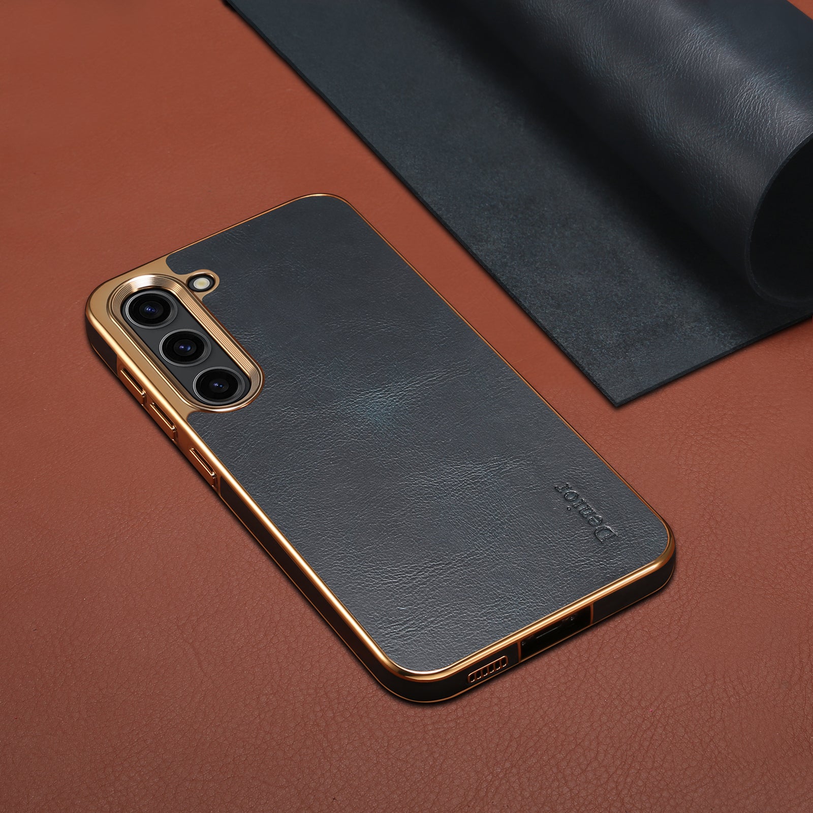 Samsung Top Layer Cowhide Electroplated Border Anti Drop Genuine Leather Phone Caseļ¼Blueļ¼