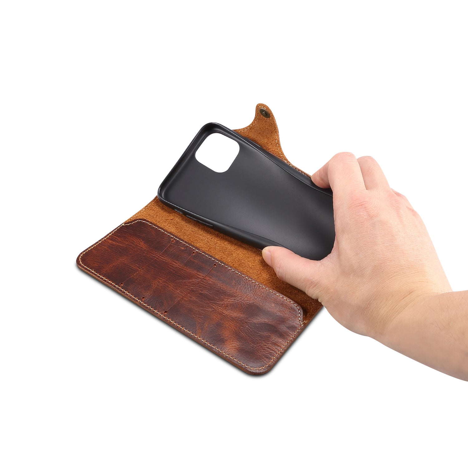 iPhone 13/12 Min/11/7/8 Plus/Xs Max Series Genuine Leathe Multi Functional Card Insertion Flip Wallet Holder Phone Case(Brown)