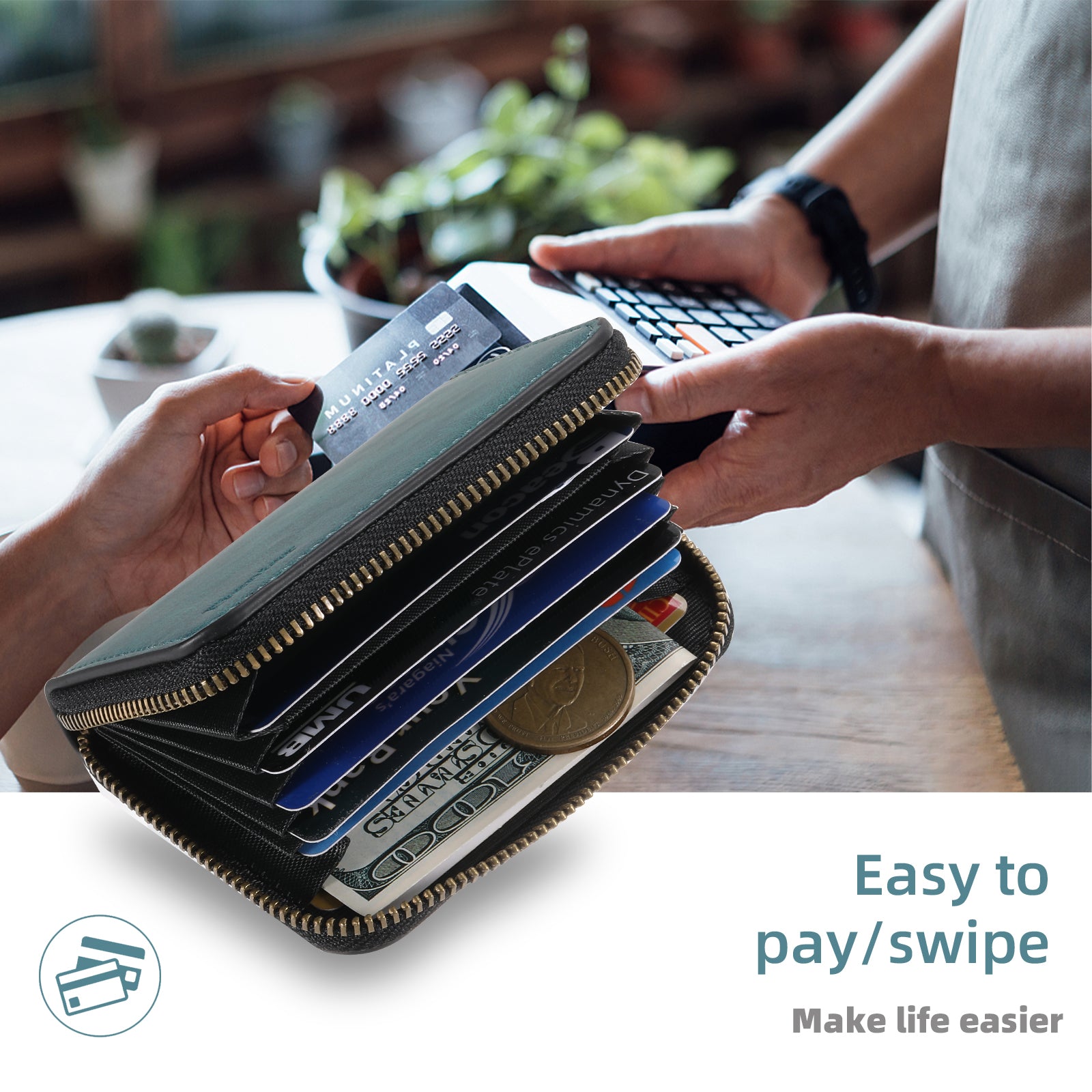 RFID Magnetic Zipper Wallet Credit Card Bag (Blue)