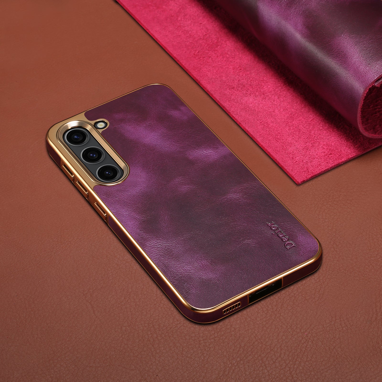 Samsung Top Layer Cowhide Electroplated Border Anti Drop Genuine Leather Phone Caseļ¼Purpleļ¼