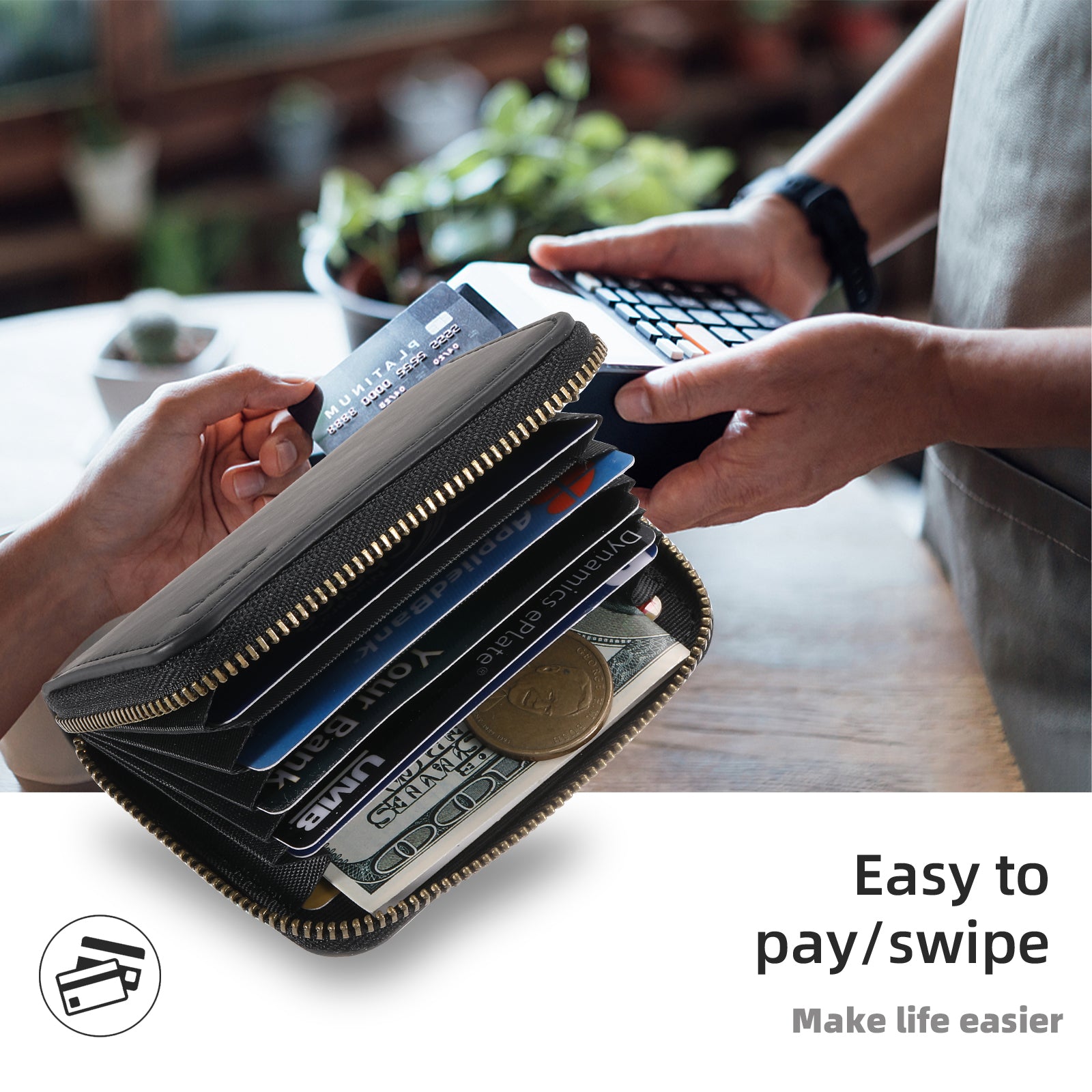 RFID Magnetic Zipper Wallet Credit Card Bag (Black)