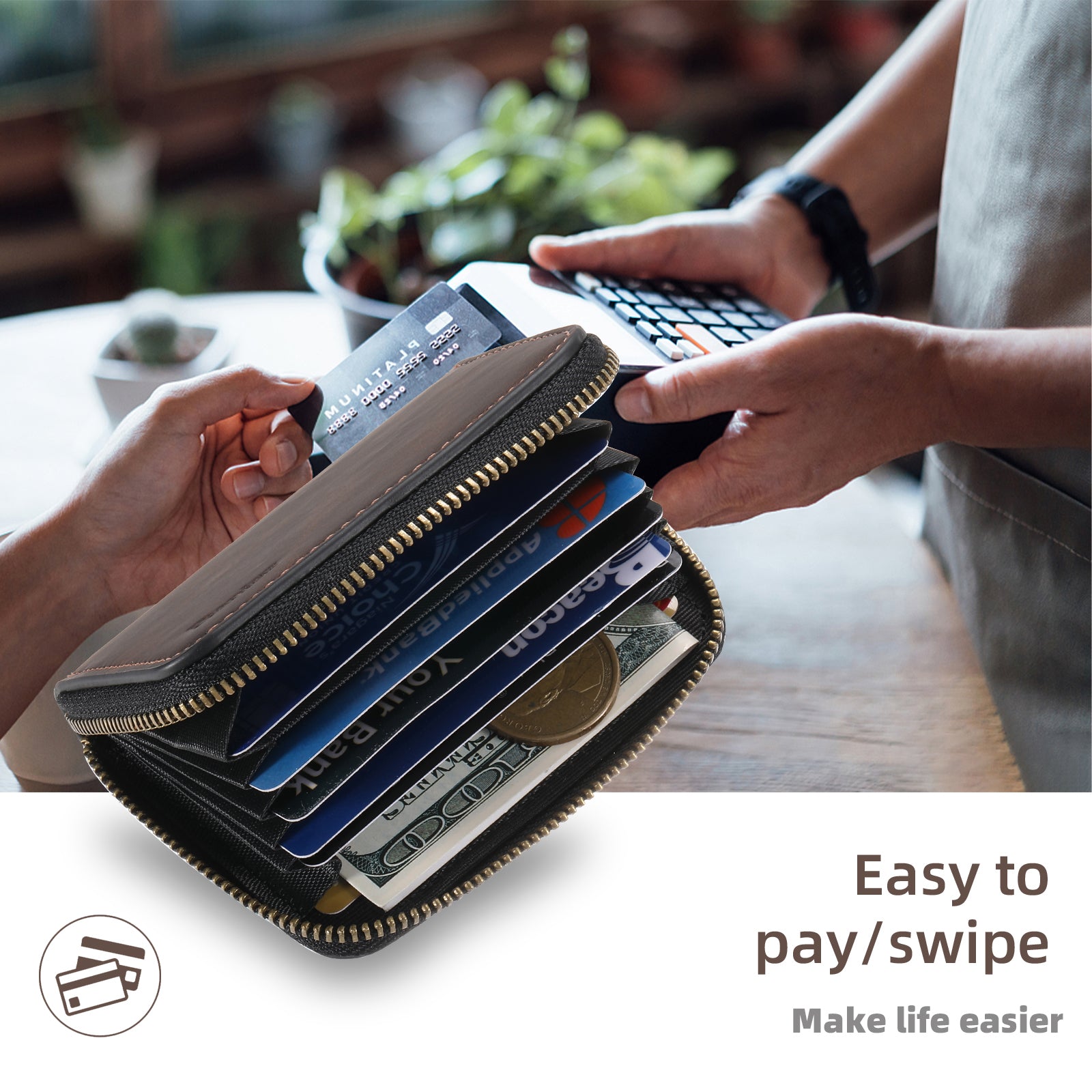 RFID Magnetic Zipper Wallet Credit Card Bag (Brown)