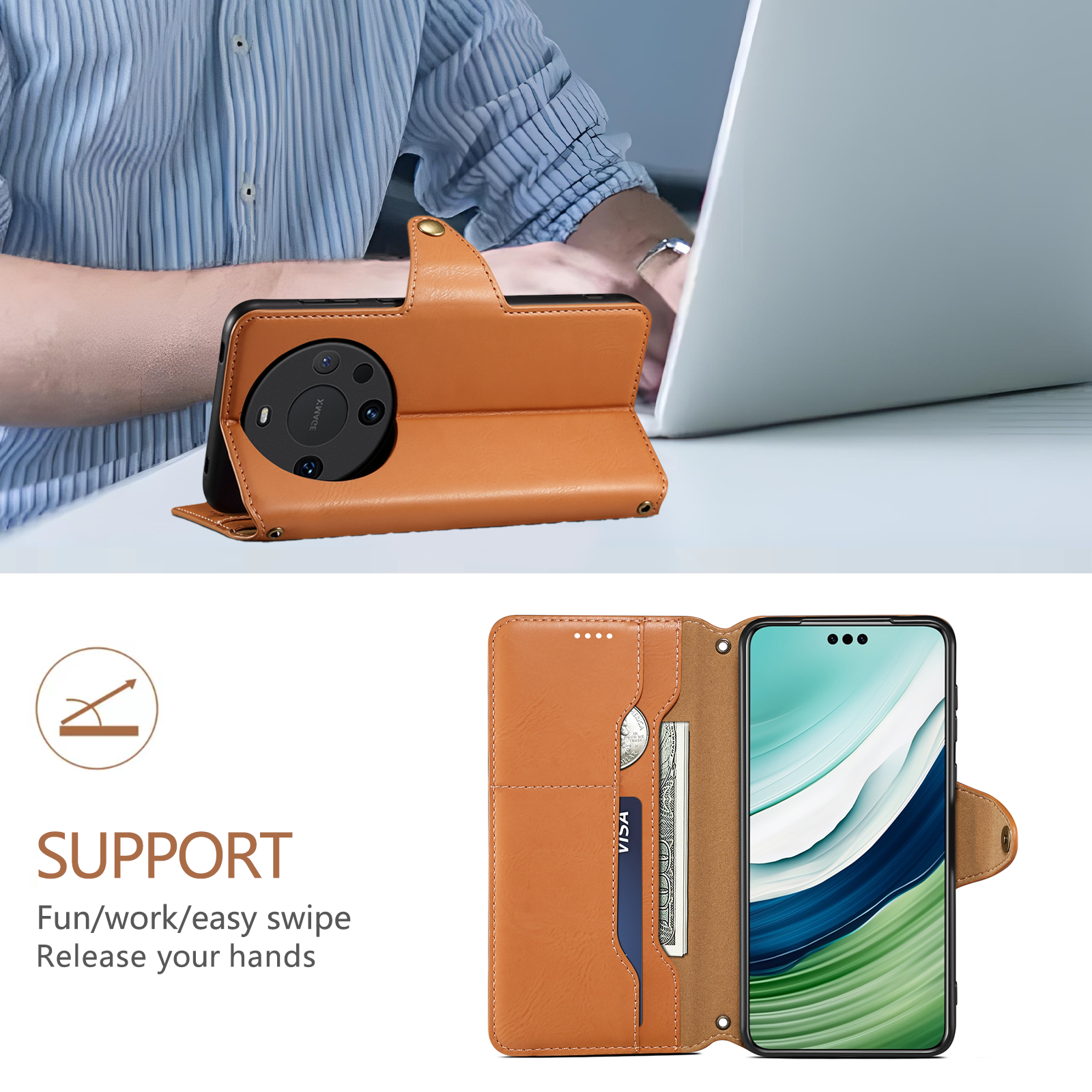 Huawei Simple PU Leather Flip Card Wallet Stand Phone Case(Khaki)