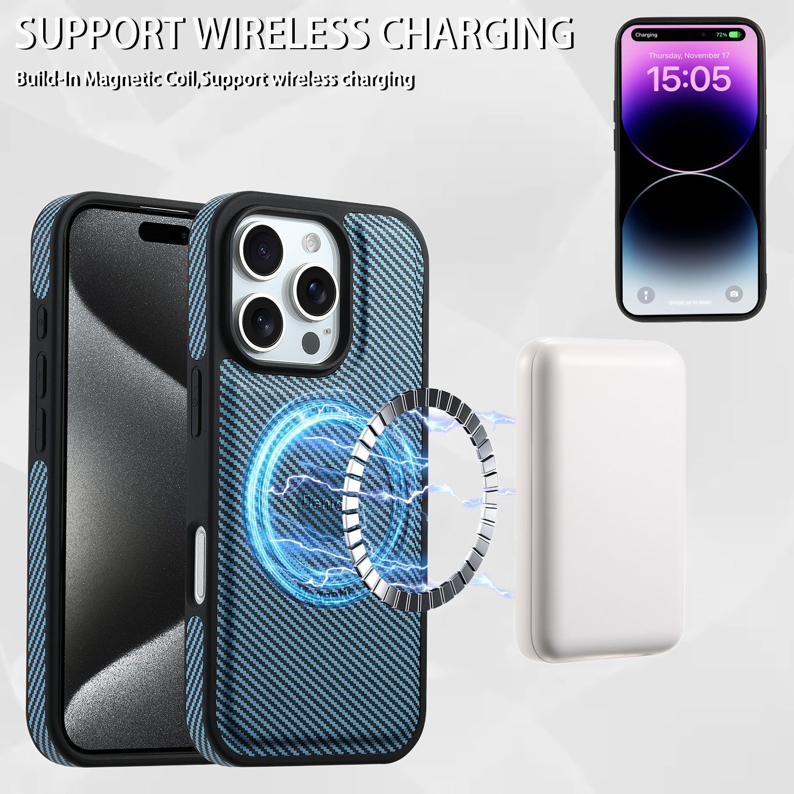 Charcoal fibre Magnetic Case & Card Bag(Blue)
