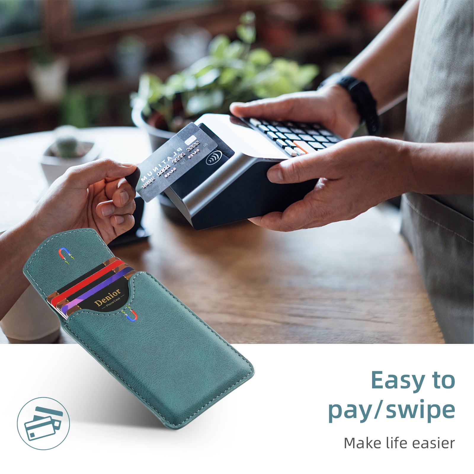 Magnetic Bracket Leather Credit Card Bag(Blue)