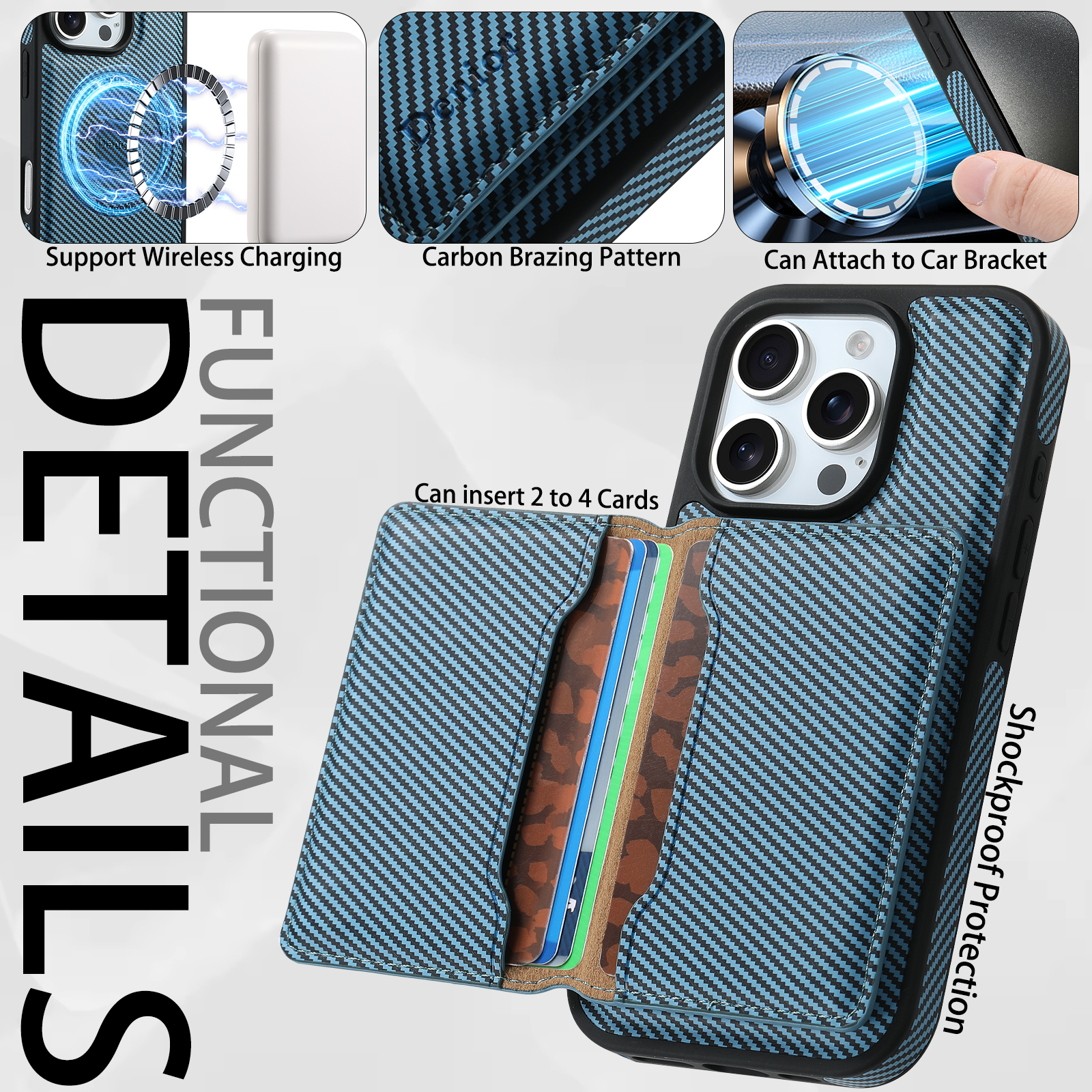 Charcoal fibre Magnetic Case & Card Bag(Blue)
