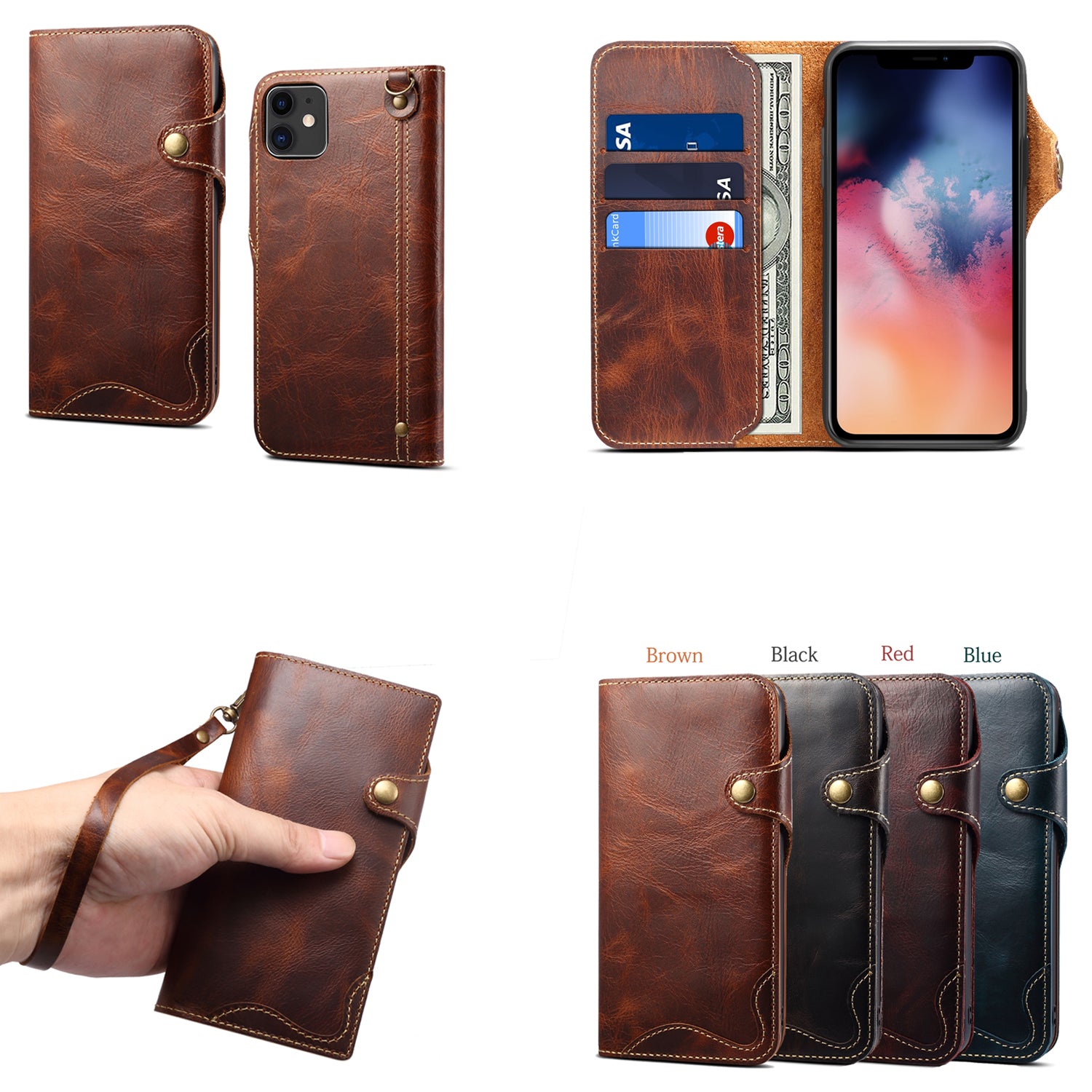 iPhone 13/12 Min/11/7/8 Plus/Xs Max Series Genuine Leathe Multi Functional Card Insertion Flip Wallet Holder Phone Caseļ¼Blackļ¼