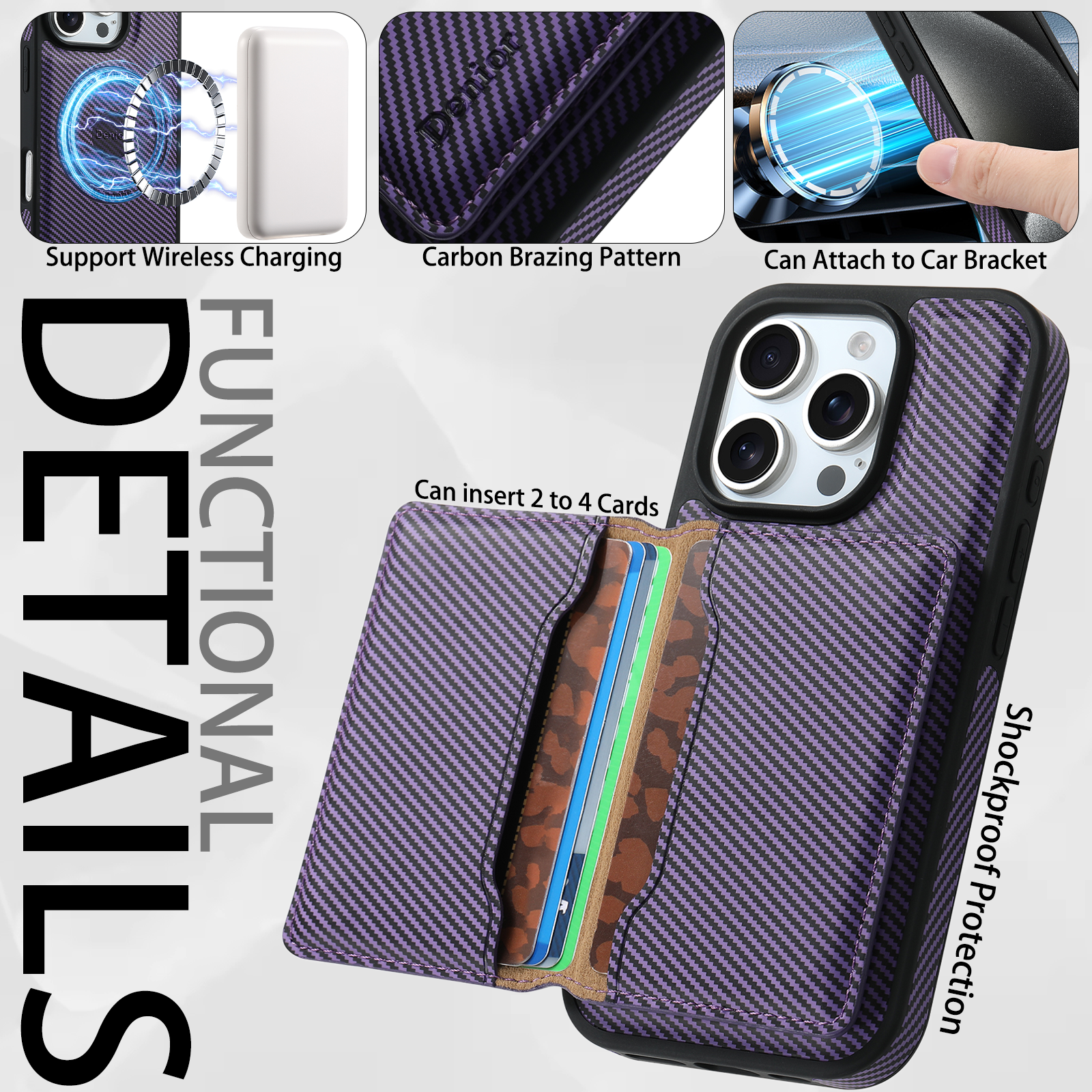 Charcoal fibre Magnetic Case & Card Bag(Purple)