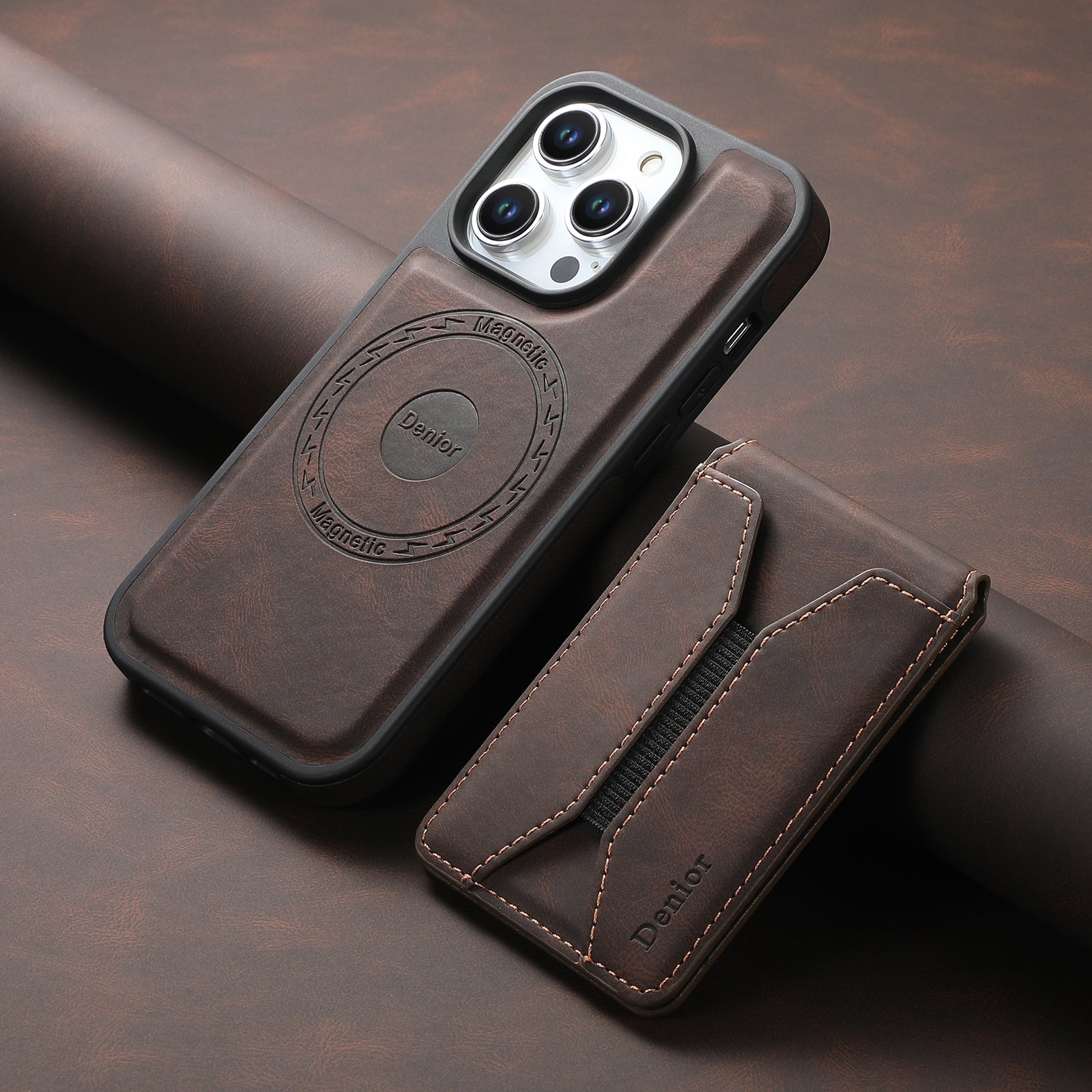 Skin-feeling Calfskin Magnetic Phone Case & Card Holder(Brown)