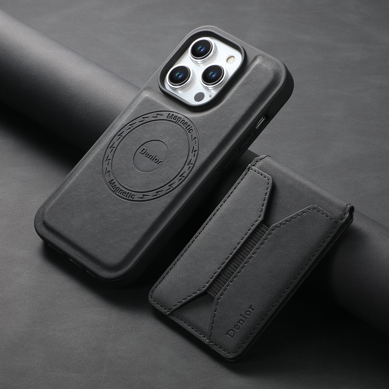 Skin-feeling Calfskin Magnetic Phone Case & Card Holder(Black)