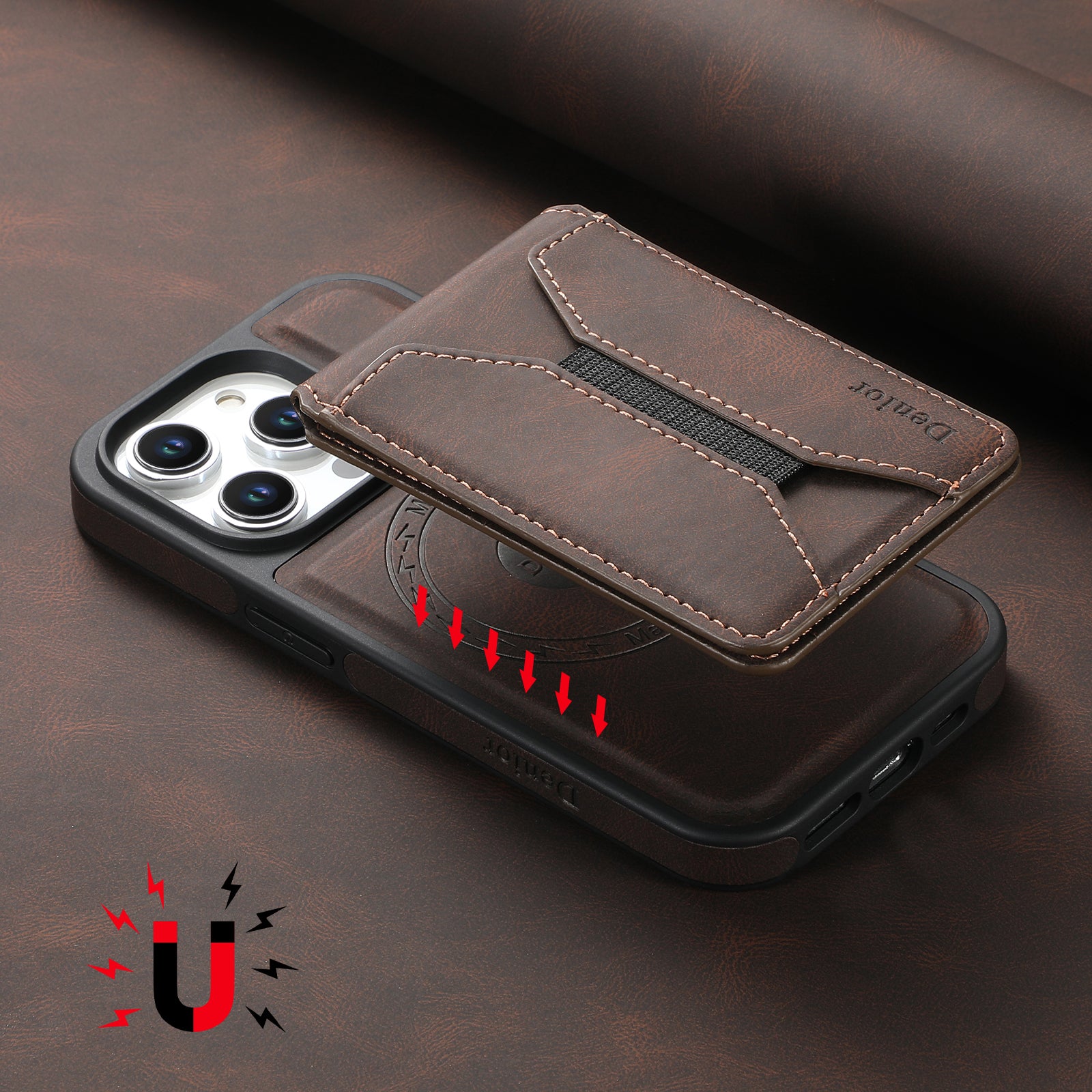Skin-feeling Calfskin Magnetic Phone Case & Card Holder(Brown)
