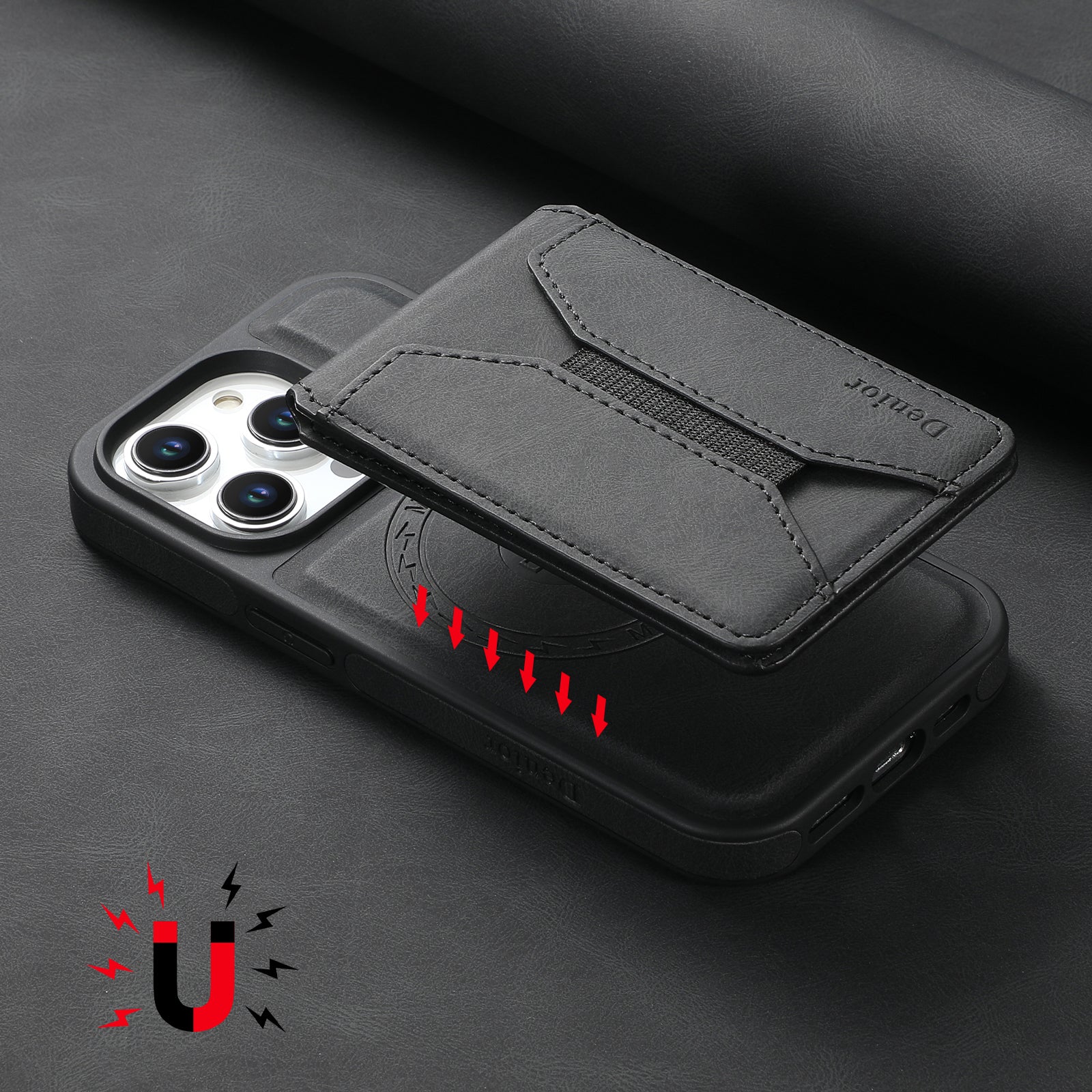 Skin-feeling Calfskin Magnetic Phone Case & Card Holder(Black)
