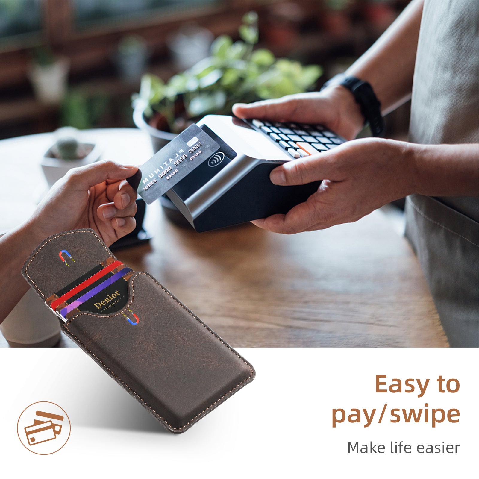 Magnetic Bracket Leather Credit Card Bag(Brown)