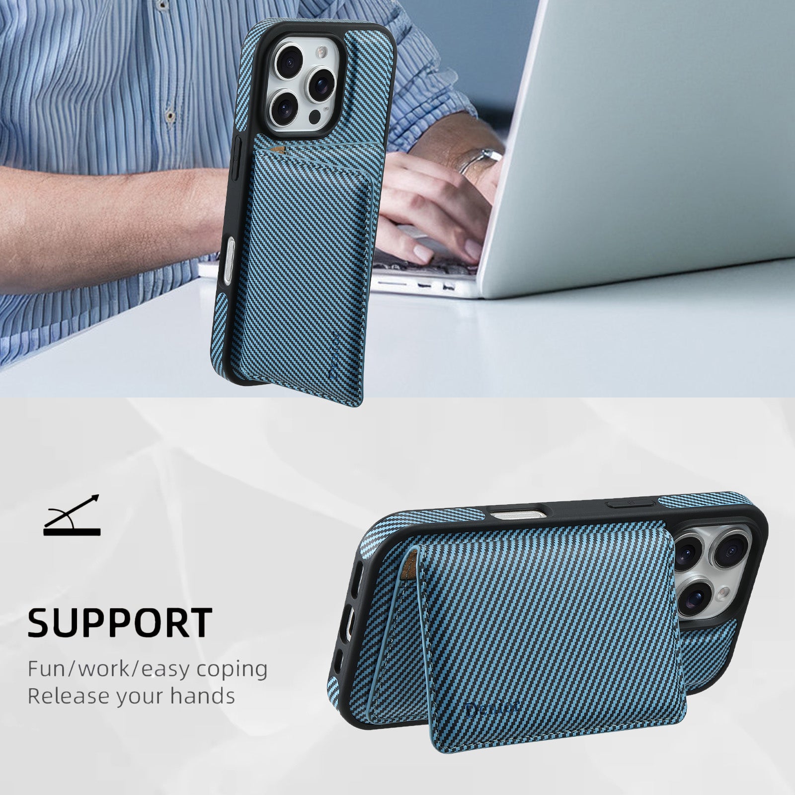Charcoal fibre Magnetic Case & Card Bag(Blue)