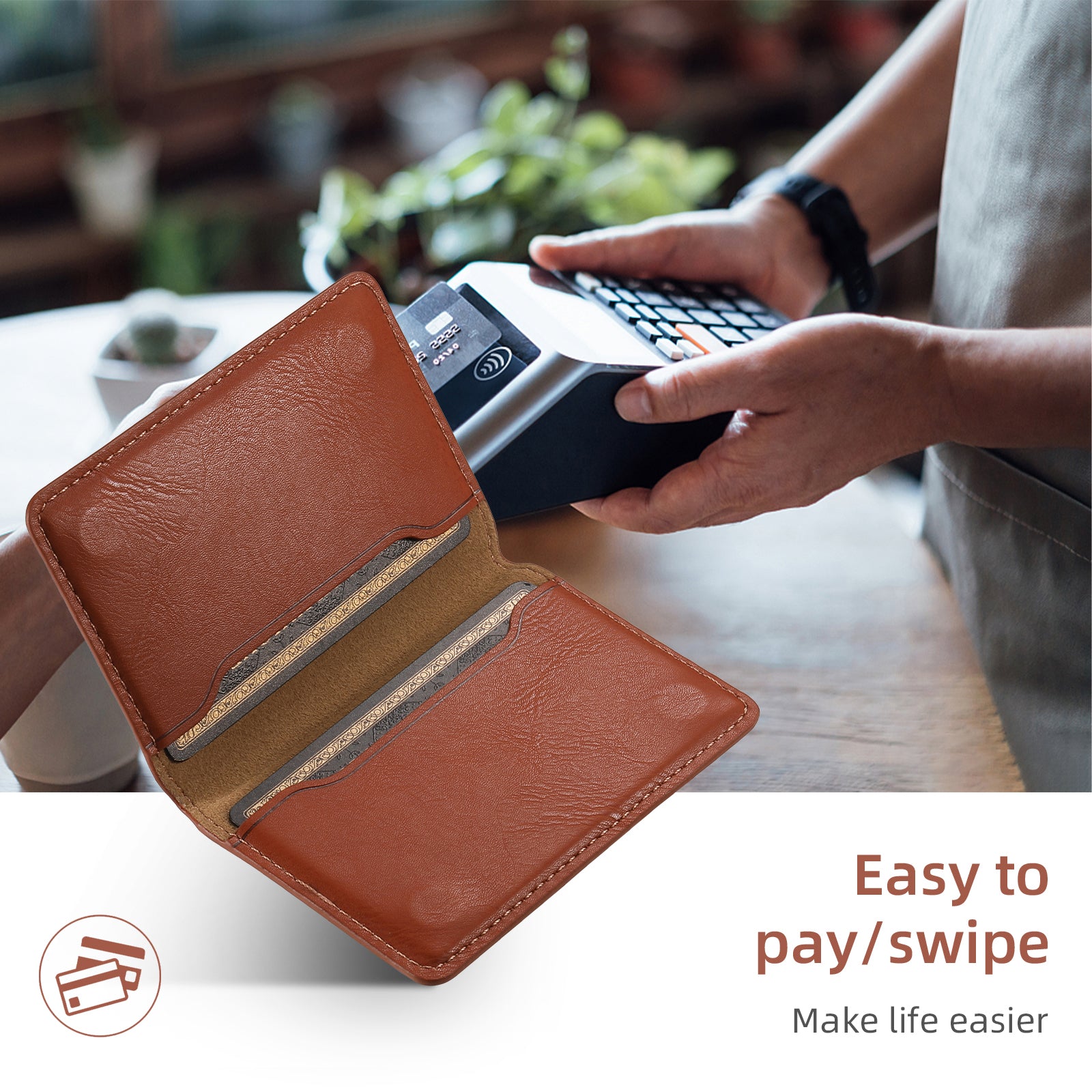 Magnetic Cowhide Pattern Credit Card Bag(Brown)