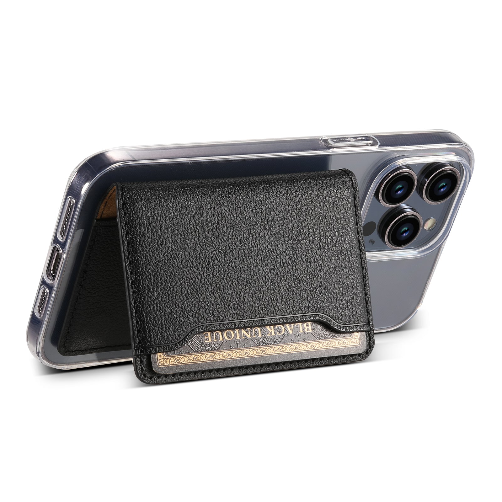 Litchi patterned Leather Bracket Ultra-Thin Credit Card Bag(Black)