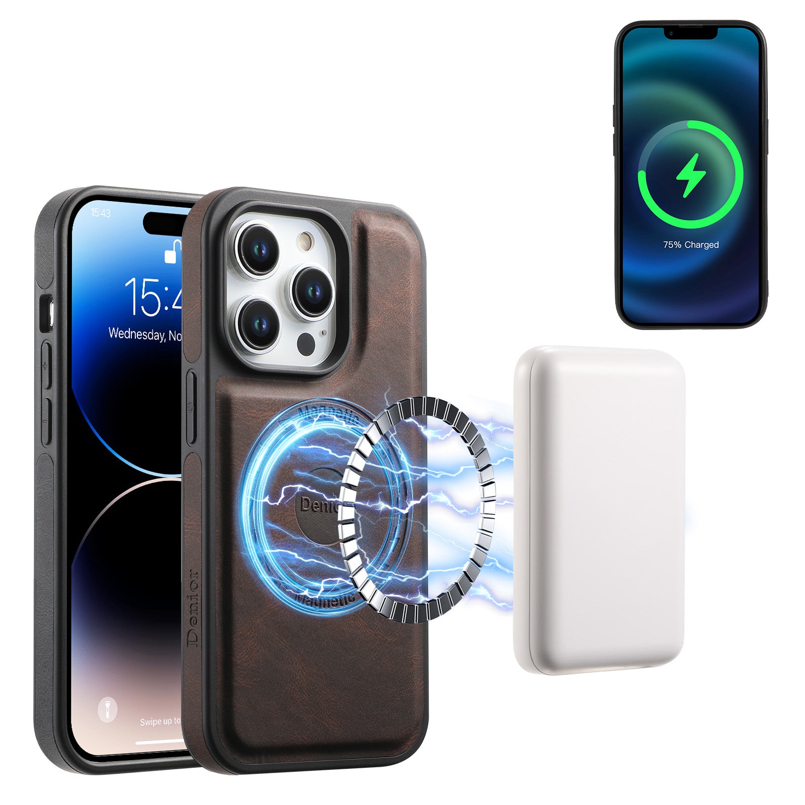 Skin-feeling Calfskin Magnetic Phone Case & Card Holder(Brown)