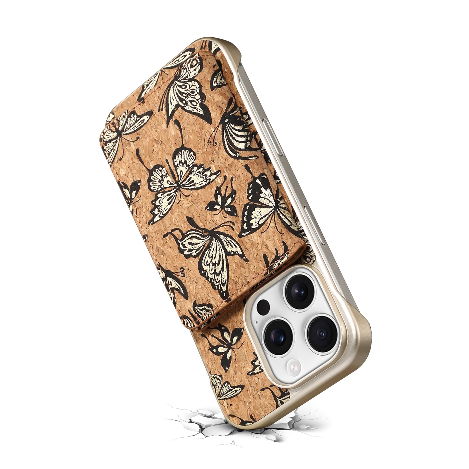 iPhone Series 2IN1 Magnetic Cork Wooden Phone Case & Card Bag(Golden)
