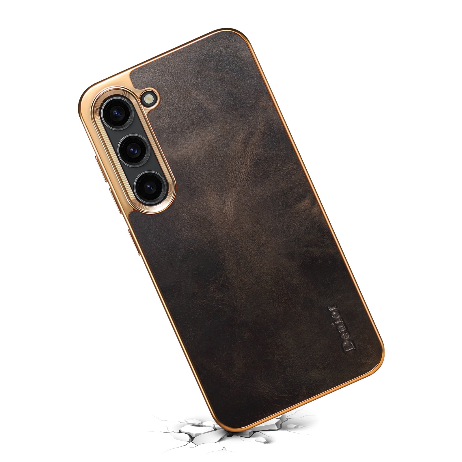 Samsung Top Layer Cowhide Electroplated Border Anti Drop Genuine Leather Phone Case(Black)