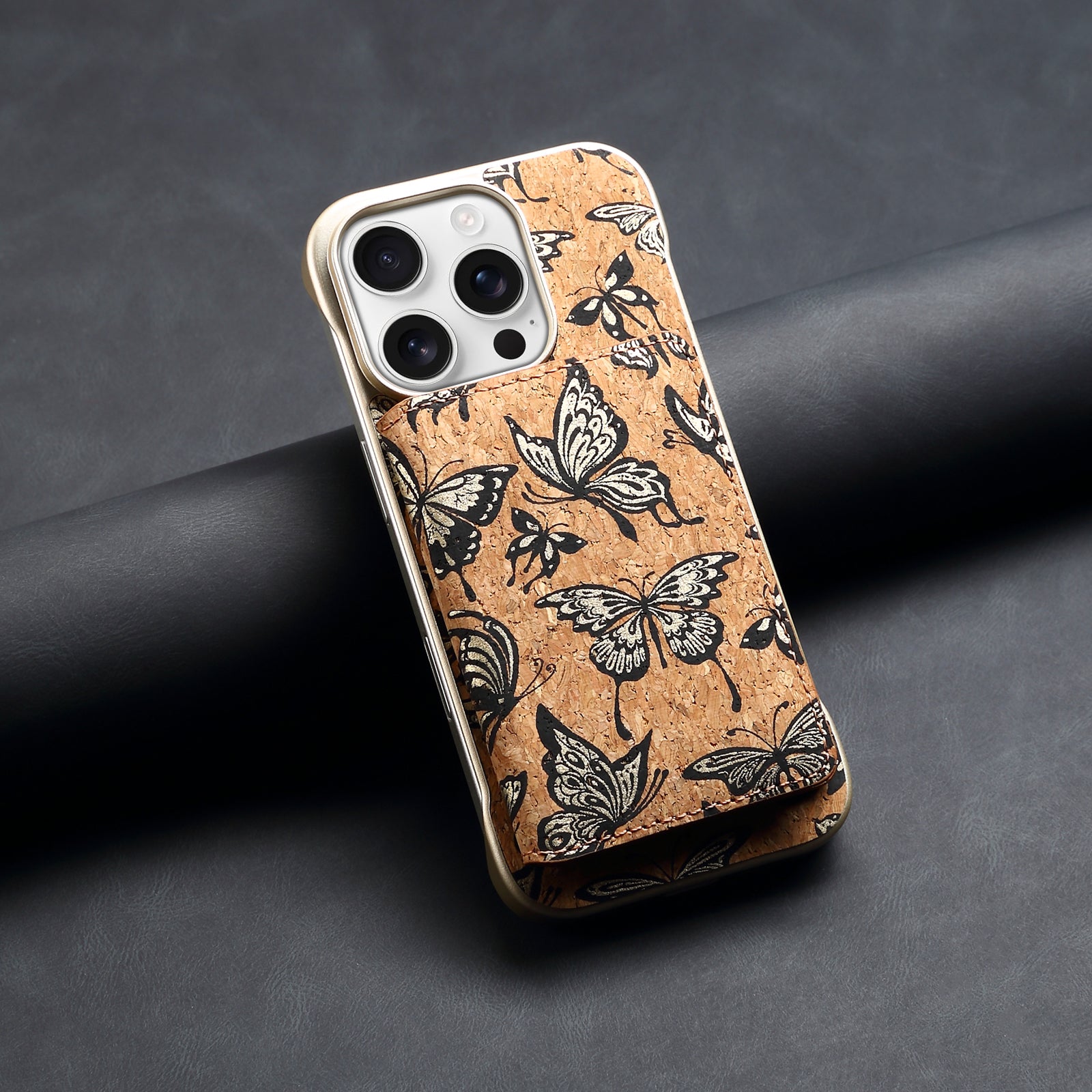 iPhone Series 2IN1 Magnetic Cork Wooden Phone Case & Card Bag(Golden)