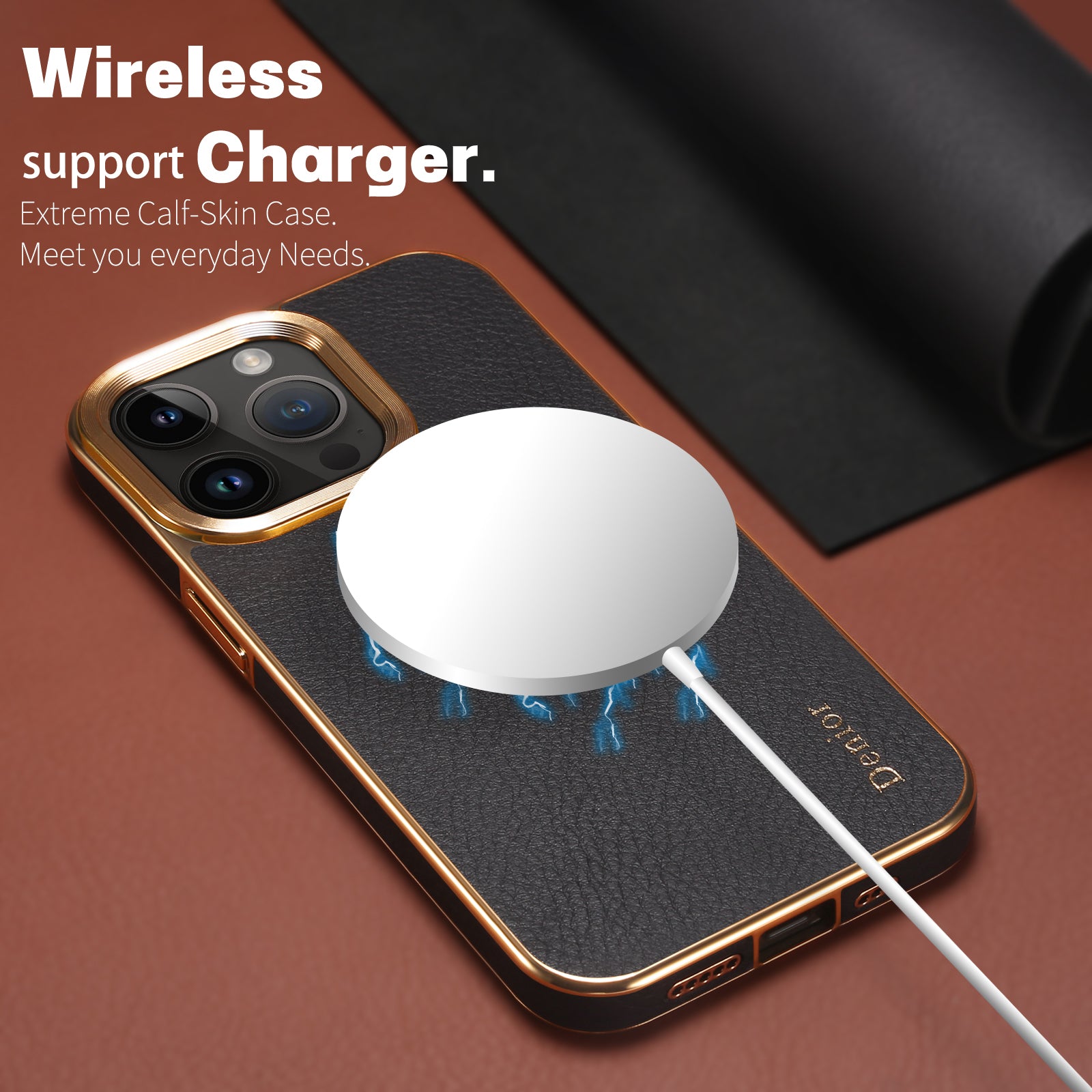 iPhone 15-12 Series Top Layer Cowhide Electroplated Border Anti Drop Genuine Leather Phone Caseļ¼Blackļ¼