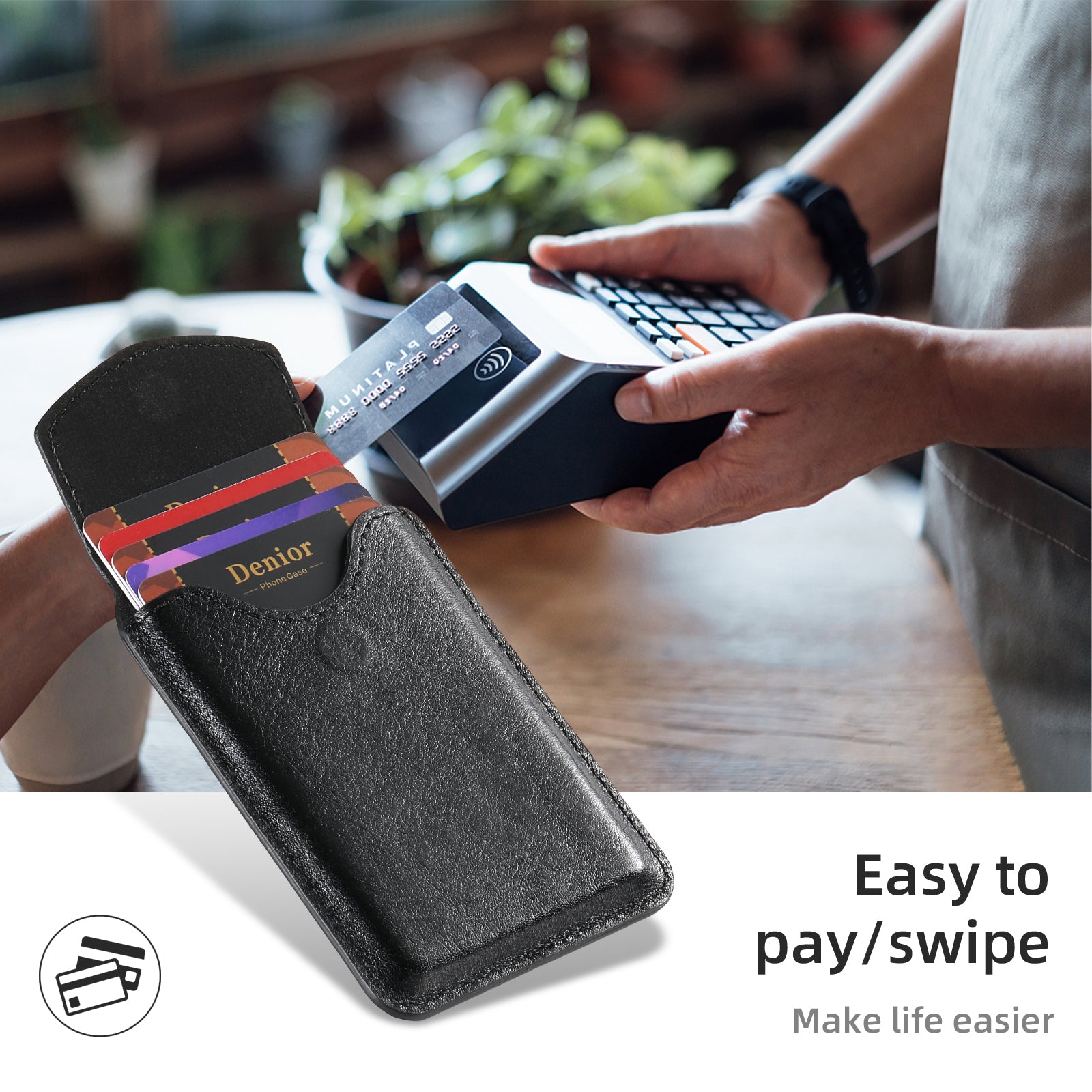 Magnetic Genuine Leather Bracket Credit Card Bag(Black)
