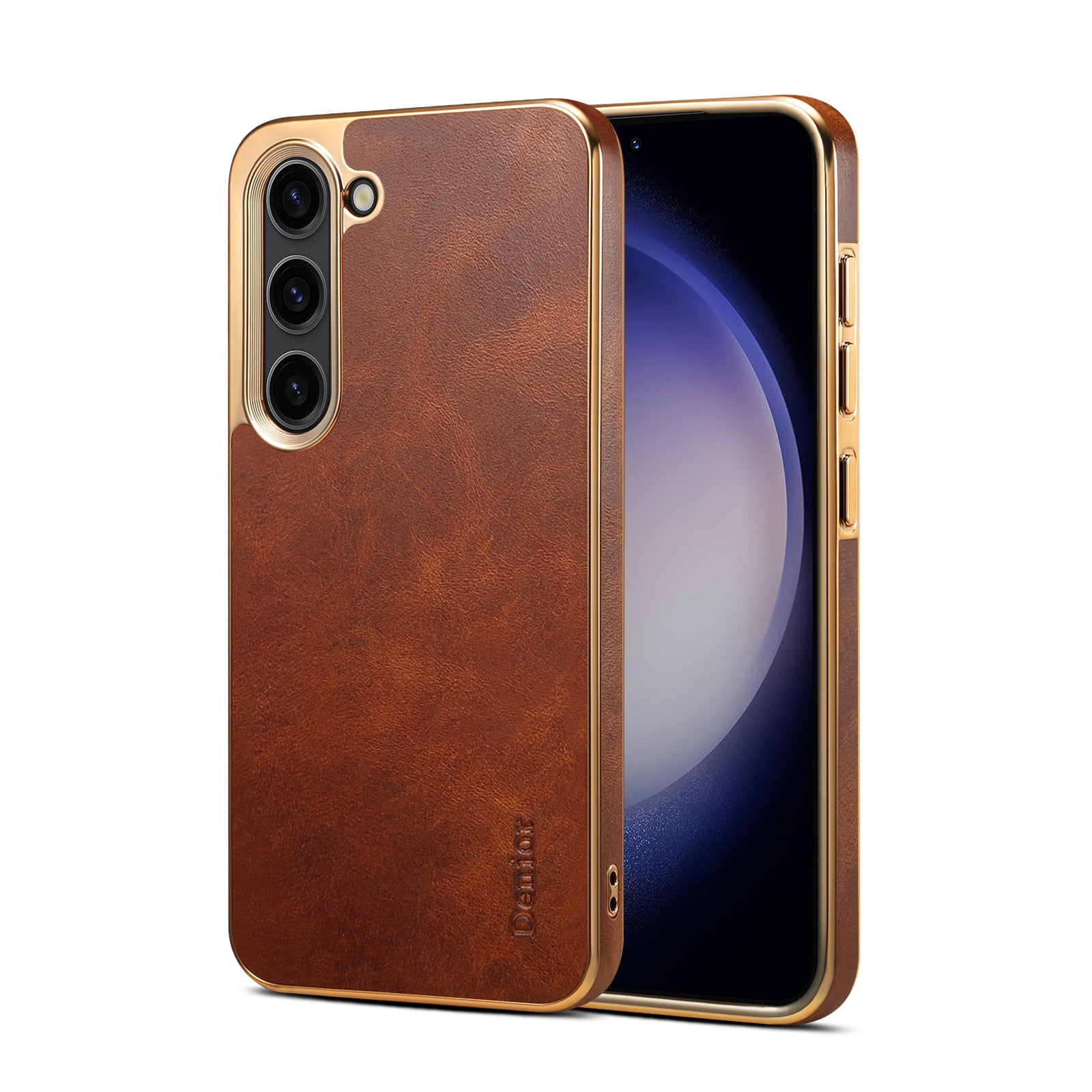 Samsung Top Layer Cowhide Electroplated Border Anti Drop Genuine Leather Phone Case(Brown)